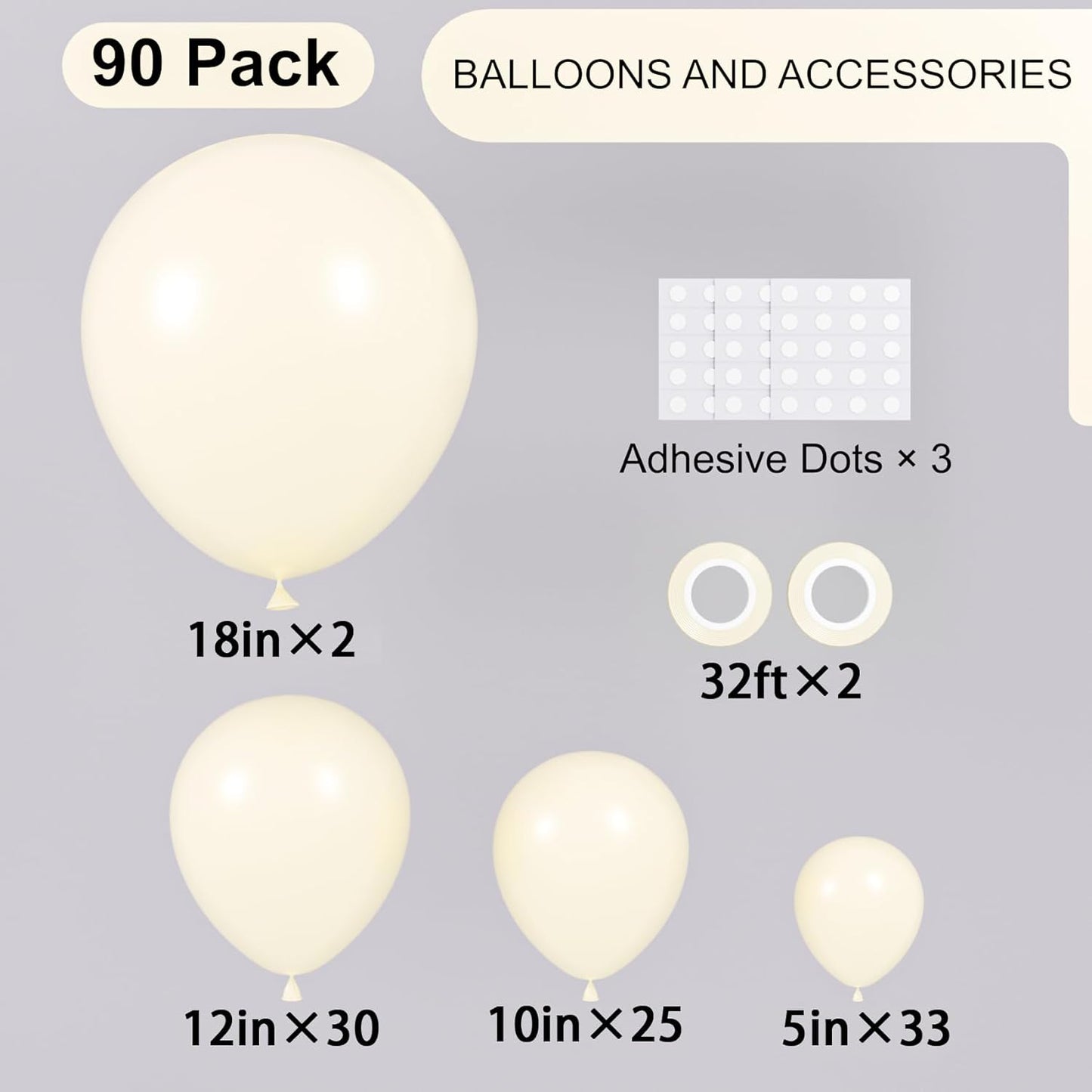 90pack Ivory Balloons Different Size 18/12/10/5 Inch Ivory White Balloon Garland Arch Kit for Graduation, Wedding, Birthday, Princess Theme, Baby Shower, Anniversary Party Decorations
