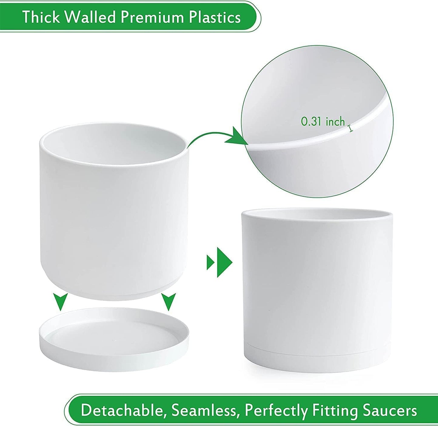 D'vine Dev 2 Pack 10 Inch Modern Plastic Plant Pots, Cylindrical Garden Planters for Plants with Drainage Holes and Saucers, White, 74-Z-N-1