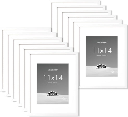 11x14 inch Picture Frame, 11x14 Photo Frames with 8x10 Removable Mat - High Definition Plexiglass - Vertical and Horizontal Display - Wall Hanging Frame - White, 12 Pack