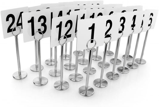 New Star Foodservice 27679 Ring Clip Table Number Card Holders, w/Number Cards, 1 to 24, Set of 24, 8-Inch, Chrome Stand