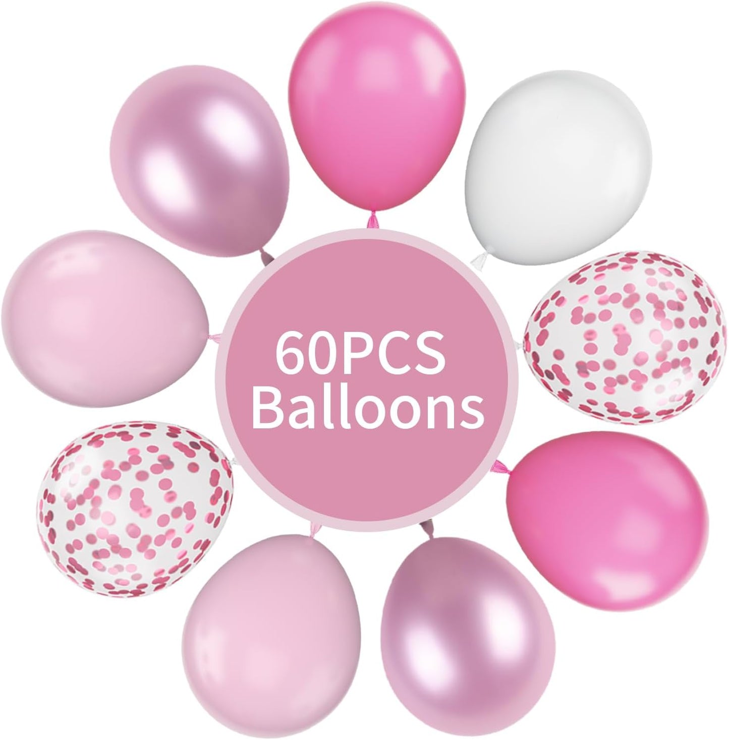 FunHot Funhot Pink Balloons, 60Pcs Pastel Pink Pearl White Latex Balloons, 12 Inch Metallic Pink Confetti Balloons Helium for Girls Princess Birthday Baby Shower Wedding Party Decorations