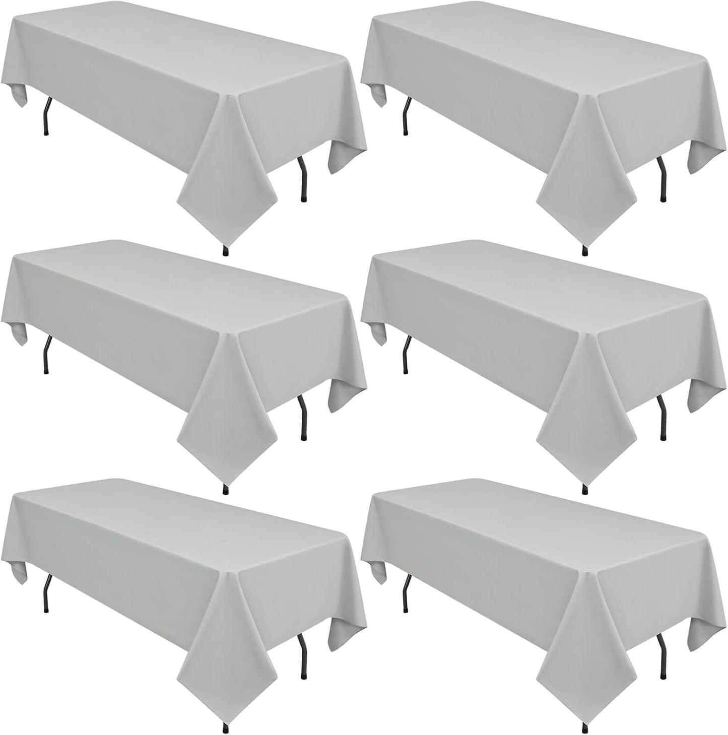 6 Pack Light Grey Rectangular Tablecloths, 60 x 126 Inch, Polyester/Fabric, Wrinkle & Stain Resistant, Classic Style, Perfect for 8ft Tables, Weddings, Banquets, Parties