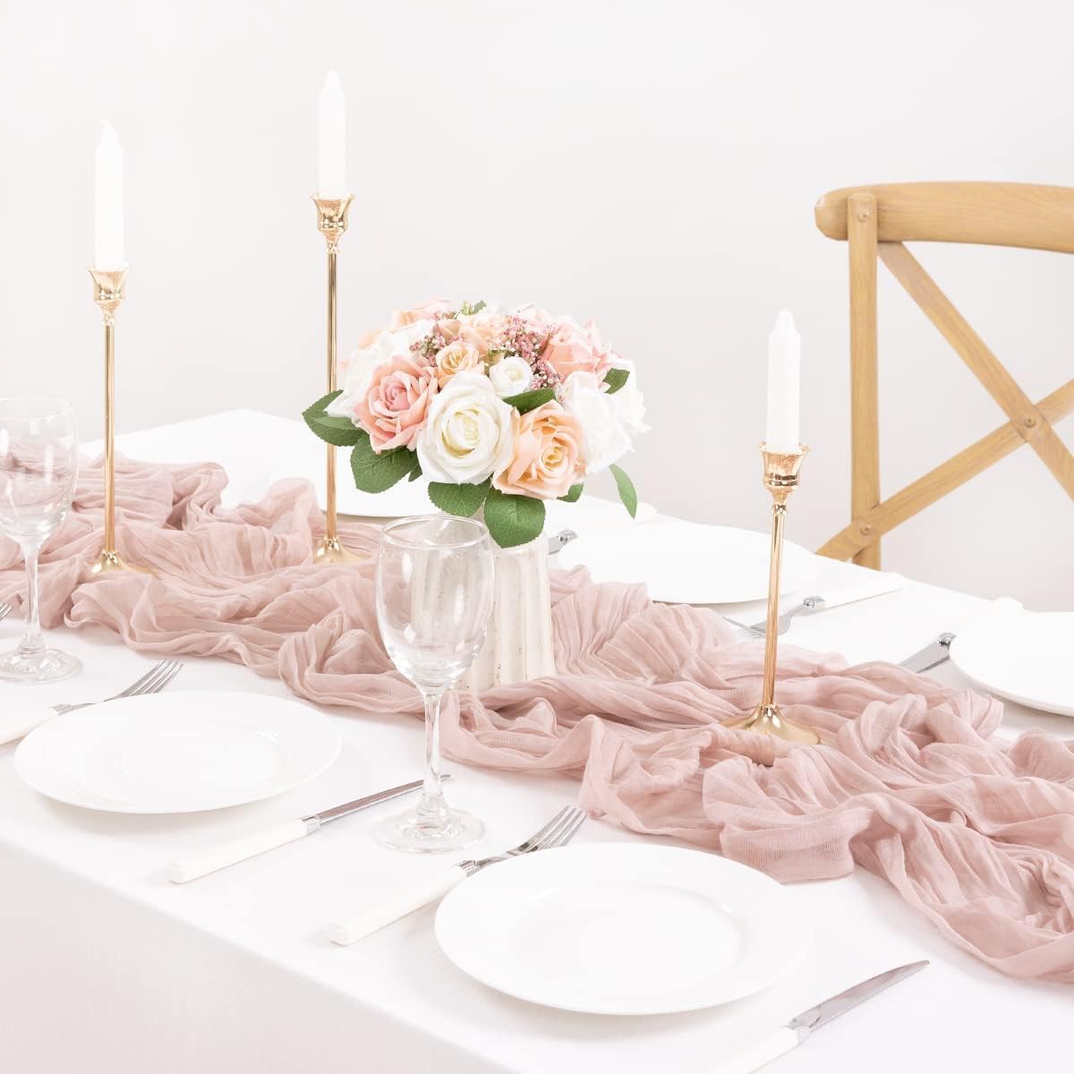 12Pcs Rubber Powder Cheesecloth Table Runner 120 Inch10FT Dust Powder Rustic Boho Cheesecloth Table Runnerfor Wedding Party Baby Shower Birthday Home Decor Holiday Decorations