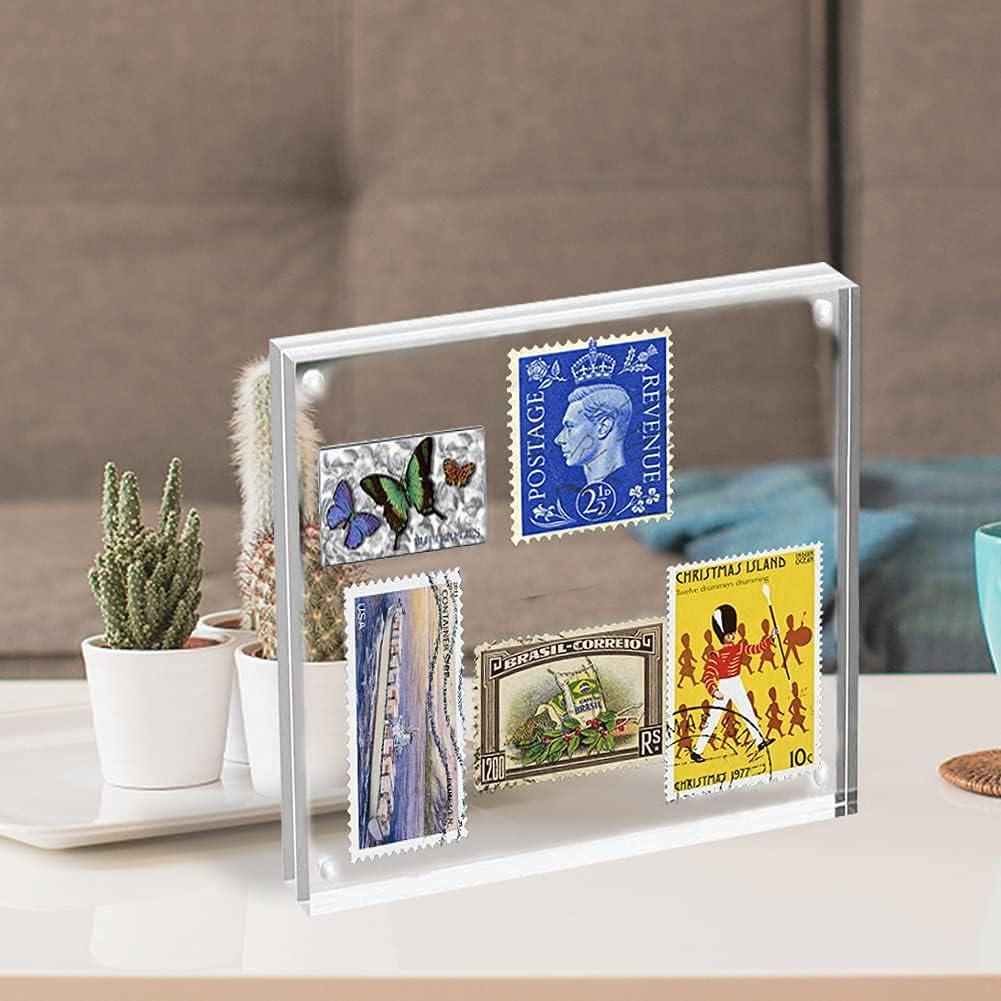HELPLEX Acrylic Frames, 2 Pack 4x4, 20mm Thicker Frameless Clear Frame, Double Sided Magnetic, Free Standing Desktop Display