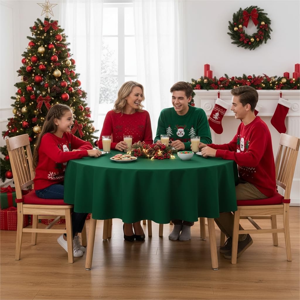 sancua Round Tablecloth - 80 Inch - Water Resistant Spill Proof Washable Polyester Table Cloth Decorative Fabric Table Cover for Dining Tables, Buffet Parties and Camping, Hunter Green