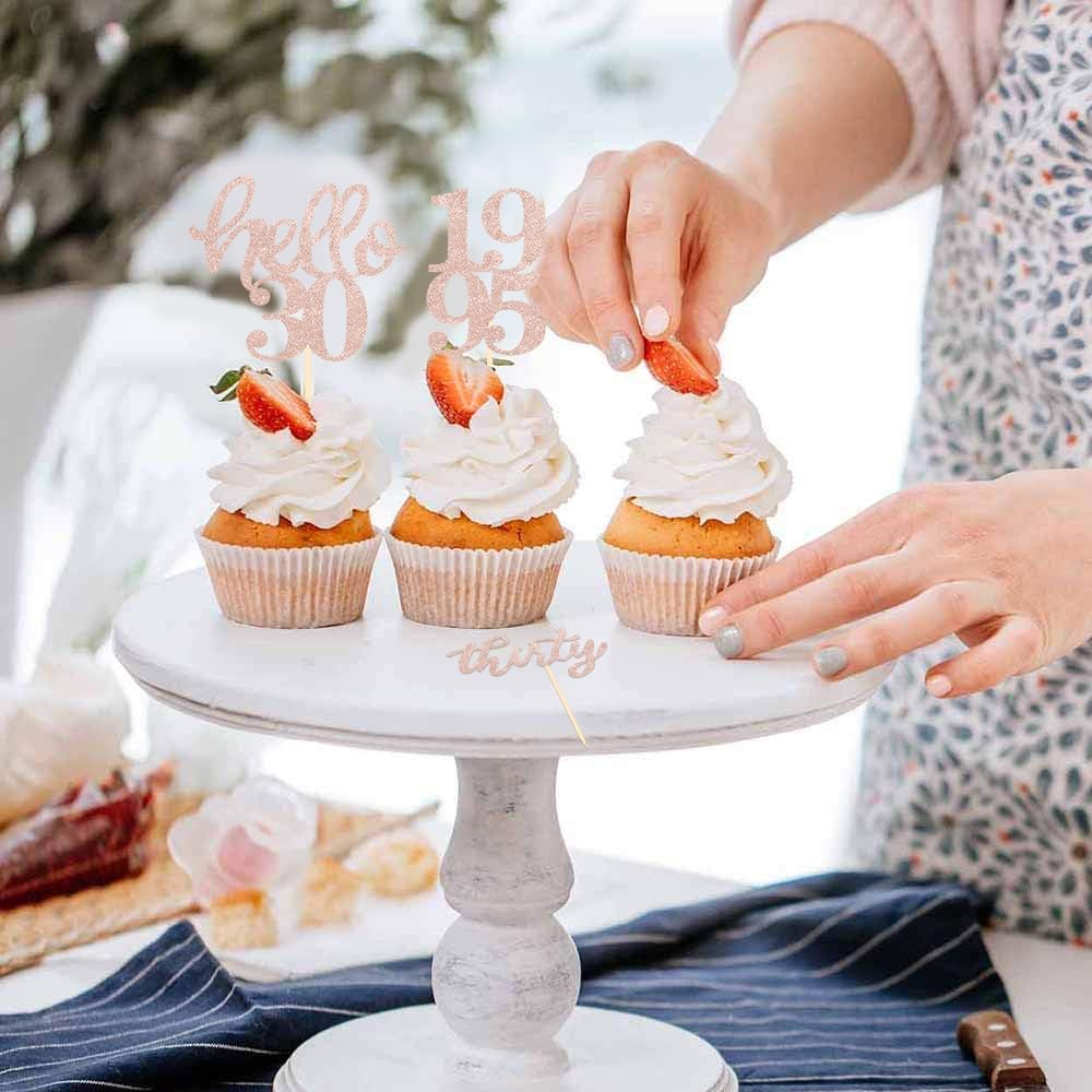 24 Pcs Rose Gold Glitter 30th Birthday Cupcake Toppers for 30th Anniversary Birthday Party Wedding Party Decorations