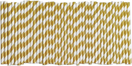 Gold White Stripe Paper Straws - 5.75 Inch Short Paper Drinking Straws, for Birthday, Wedding, Bridal, Party, Bars, Restaurants, Drinks - 500 Counts