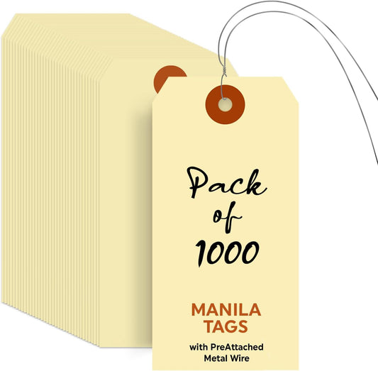 SmartSign Blank Manila Shipping Tags with Wire - Pack of 1000, Size-5, 13pt Thick Prewired Cardstock Tag, 4 3/4" x 2 3/8" Paper Hang Tags with Reinforced Fiber Patch