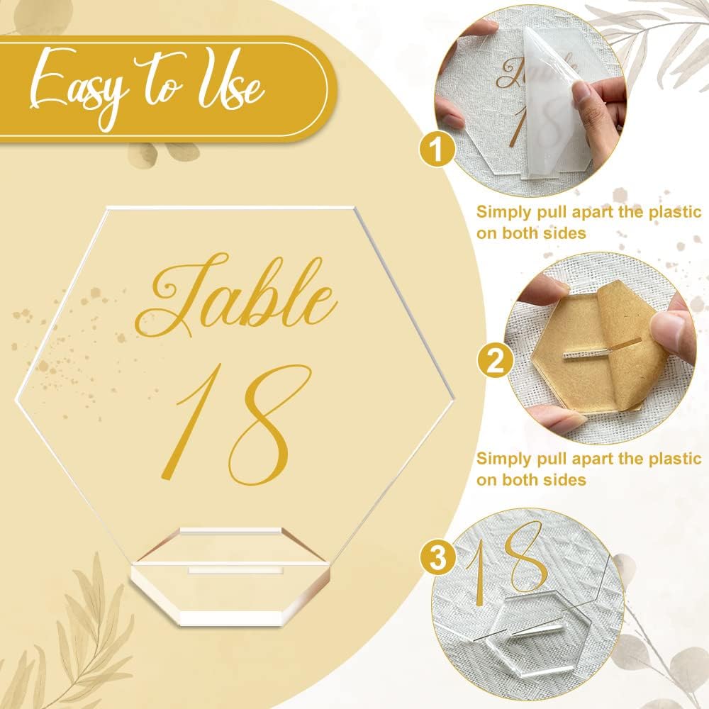 OurWarm Large Acrylic Wedding Table Numbers 1-20, Gold Printed Calligraphy Place Cards with Stand, Hexagon Multi-functional Clear Acrylic Sign and Holder, Ideal for Wedding Reception Events