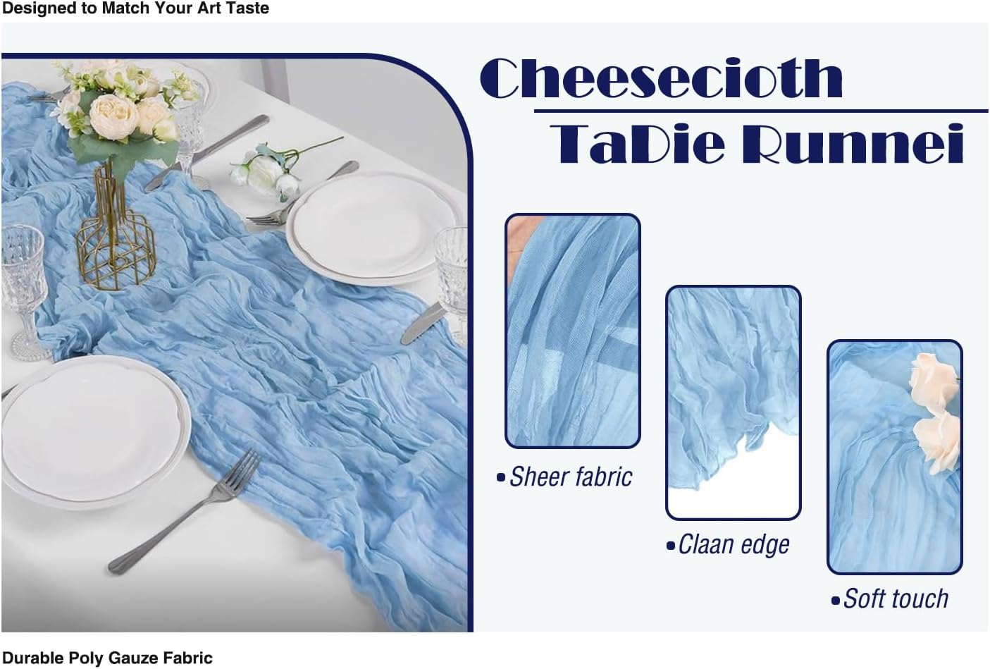12 Pack Light Blue 10 Ft Cheesecloth Table Runner 20x120 Inch Boho Wrinkled Sheer Romantic Gauze Decor for Wedding, Bridal Shower, Birthday Party
