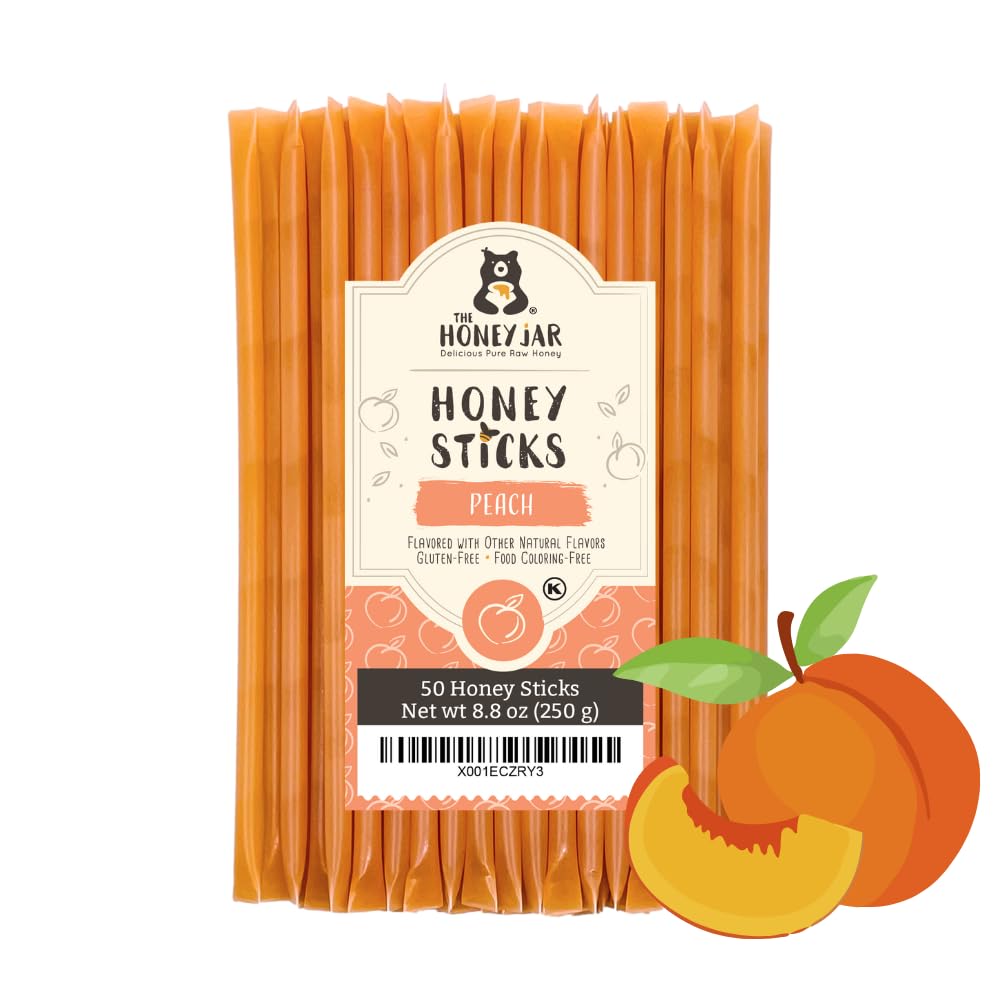 The Honey Jar Peach Flavored Honey Sticks - Pure Honey Straws For Tea, Coffee, or a Healthy Treat - One Teaspoon of Flavored Honey Per Stick - Made In The USA with Real Honey - (50 Count)