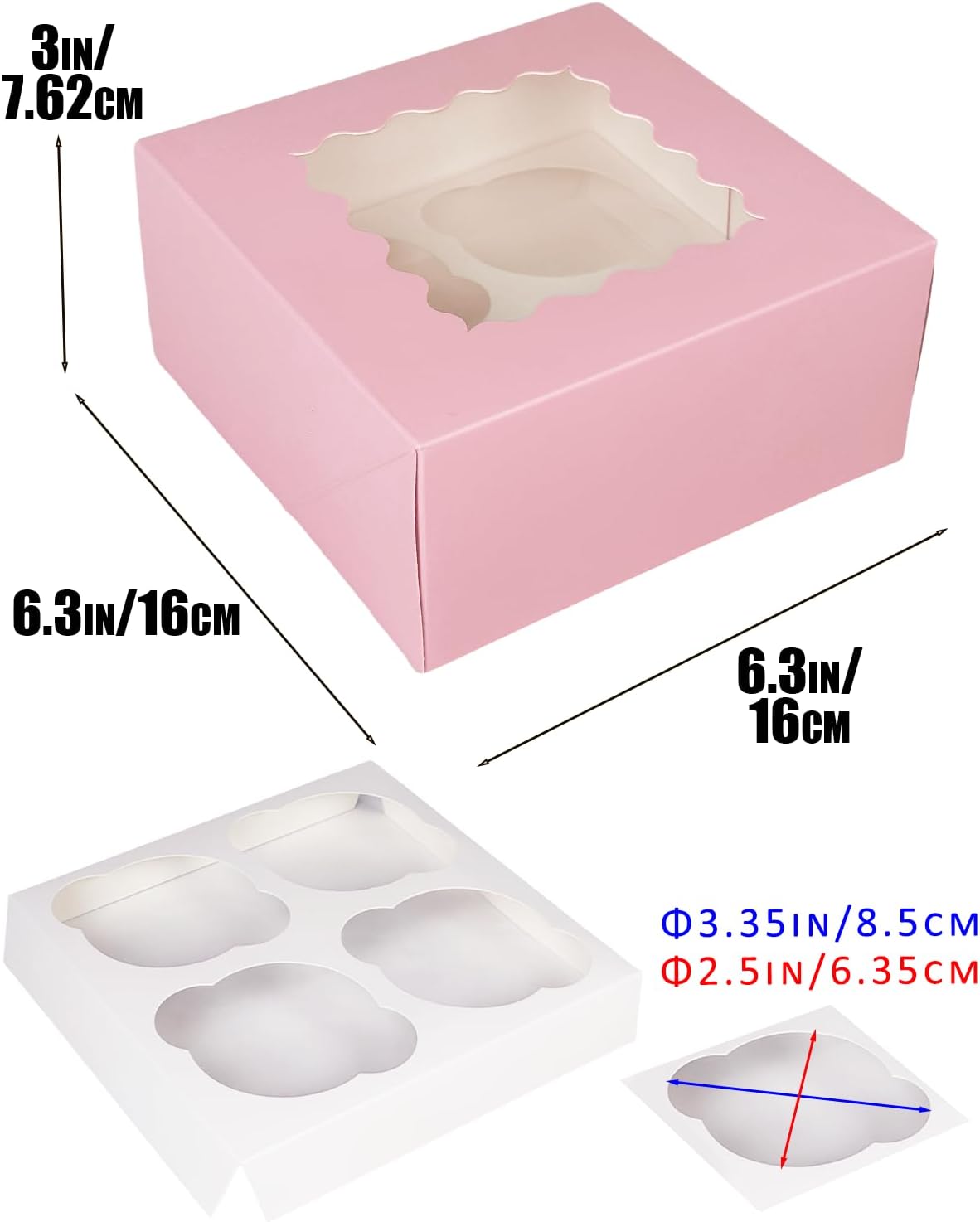 Bakepacker Auto-pop up 4 Cupcake Boxes with Window 20 Count Pink Box 6.3 x 6.3 x 3inch Cupcake Carrier
