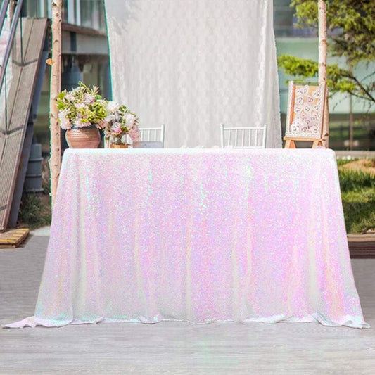 QueenDream Tablecloth 90x156 Rectangle Sequin Tablecloth White Iridescent Wedding Table Linens Glitter Birthday Bridal Party Indoor Outdoor Decorations