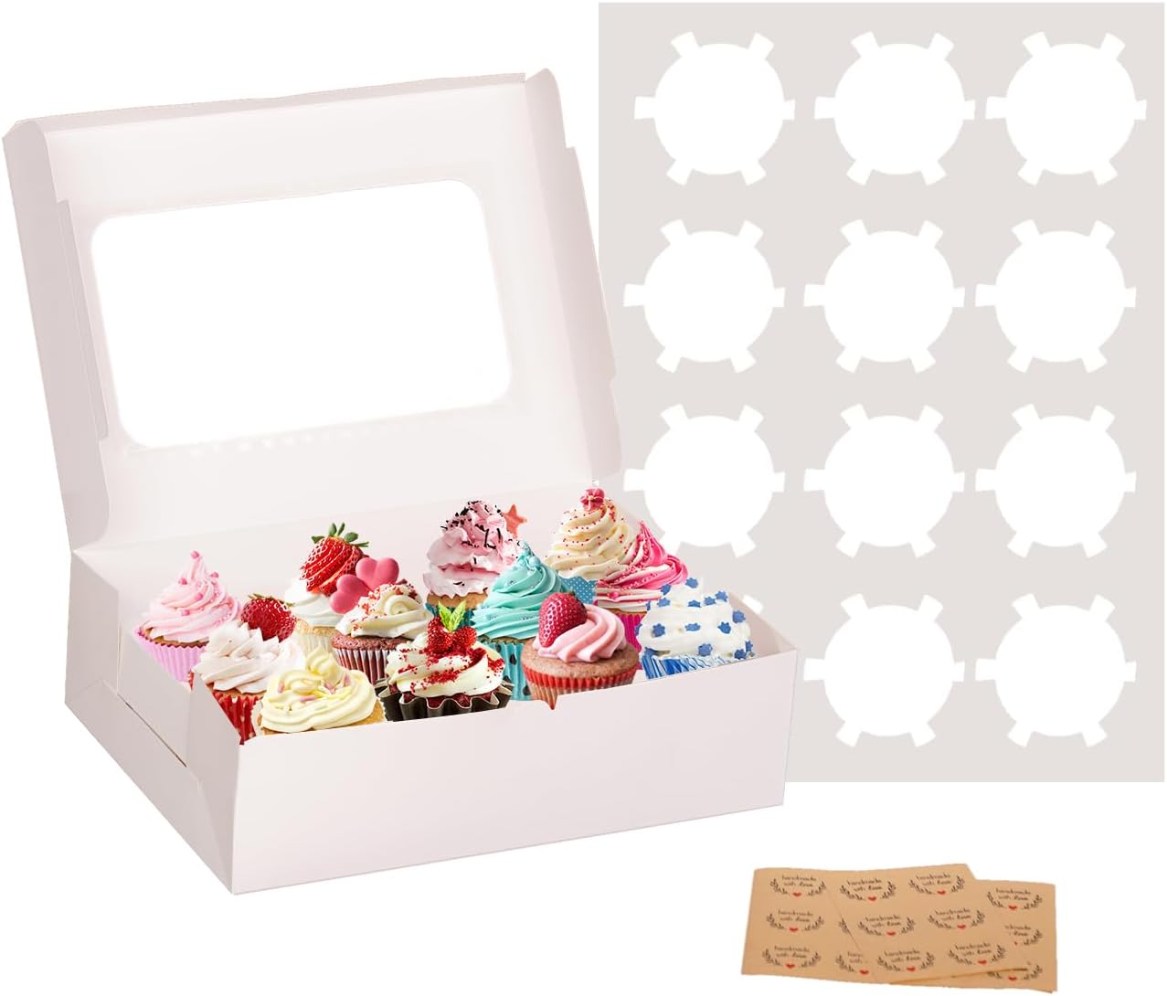 Yeplan 5 Packs Cupcake Boxes 12 Count,White Cupcake Carriers with Window,13.4x9.8x4 Inches Cookie Boxes,Cupcake Containers,Bakery Boxes