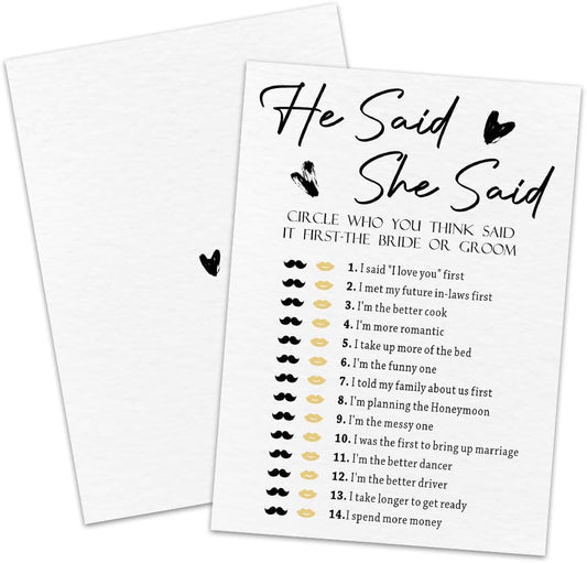 30 Minimalism Game Cards - He Said? She Said - Bridal Shower, Engagement, Mr & Mrs, Newlyweds, Wedding Games, Party Activities & Supplies - B08 White