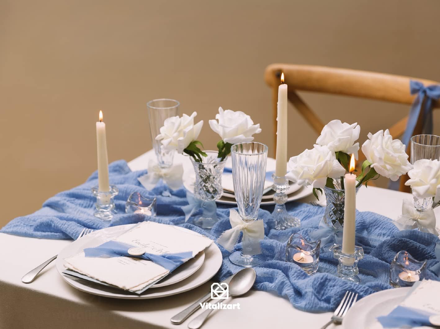 Vitalizart Blue Handmade Chiffon Silk Ribbon Fringe 1.5" x 21 Yd Dusty & Baby Blue Frayed Edges Ribbons for Wedding Invitations Bridal Bouquets Gifts Wrapping Crafts Holiday Party Decorations