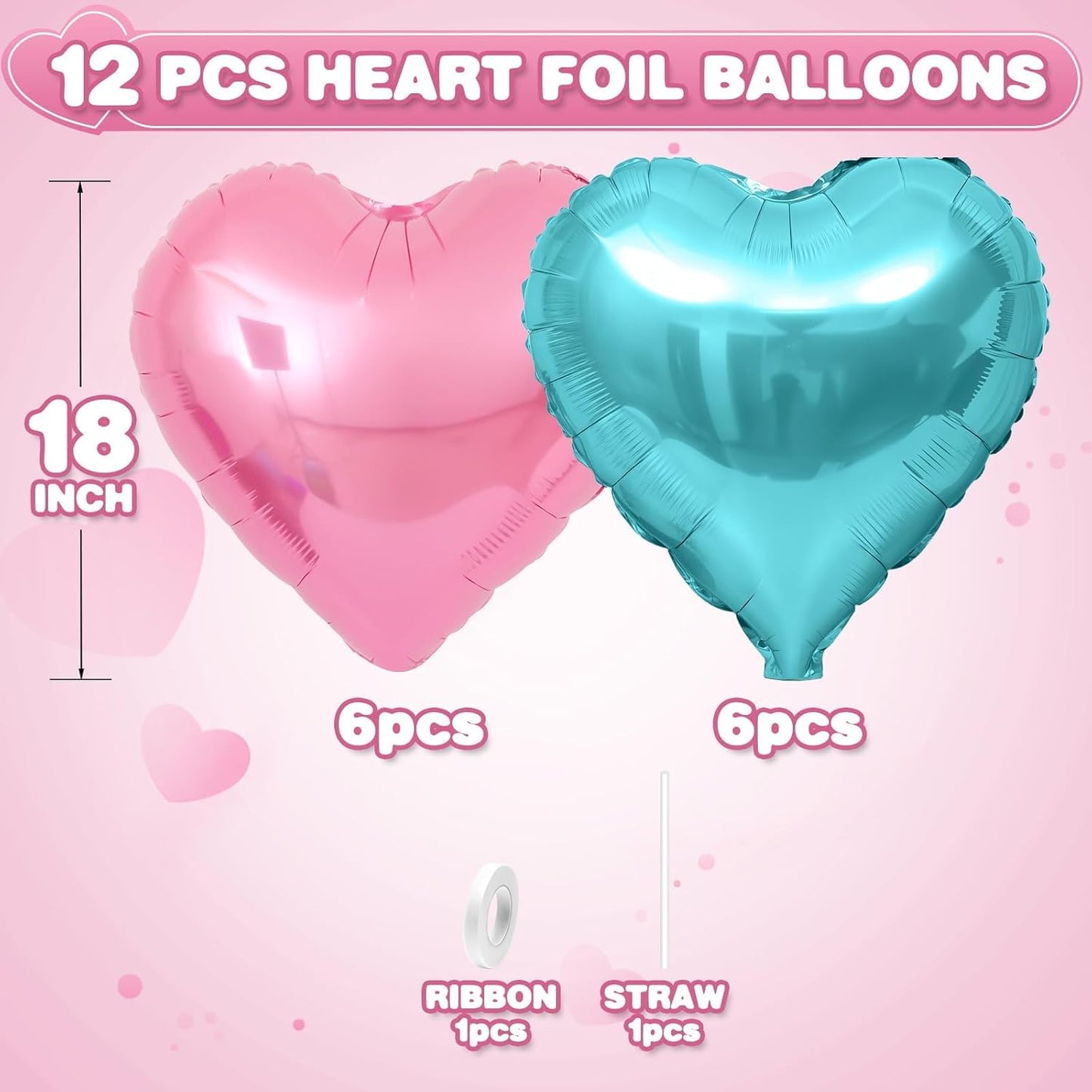 Pink Blue Heart Balloons,12Pcs Teal Blue Heart Shaped Foil Balloons,18Inch Light Pink Helium Polyester Film Balloon for Mermaid Birthday Baby Shower Anniversary Wedding Party Decorations