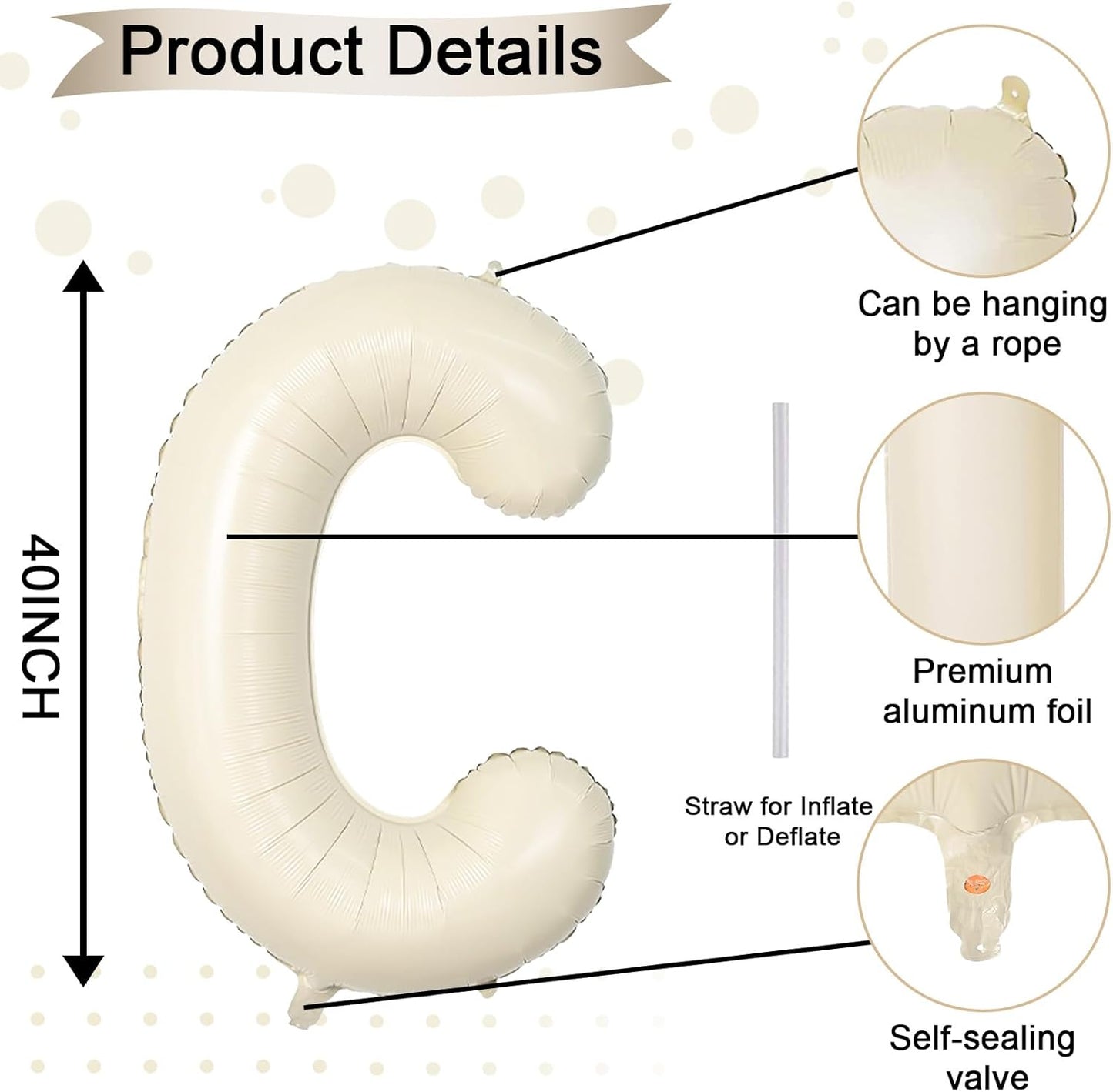 40 Inch Letter Balloons C, Big Custom A-Z Alphabet Foil Name Balloon Cream White, Self Inflating Beige Customize Helium Balloon Letters C for Women Girls Birthday Bride Baby Shower Party Decorations