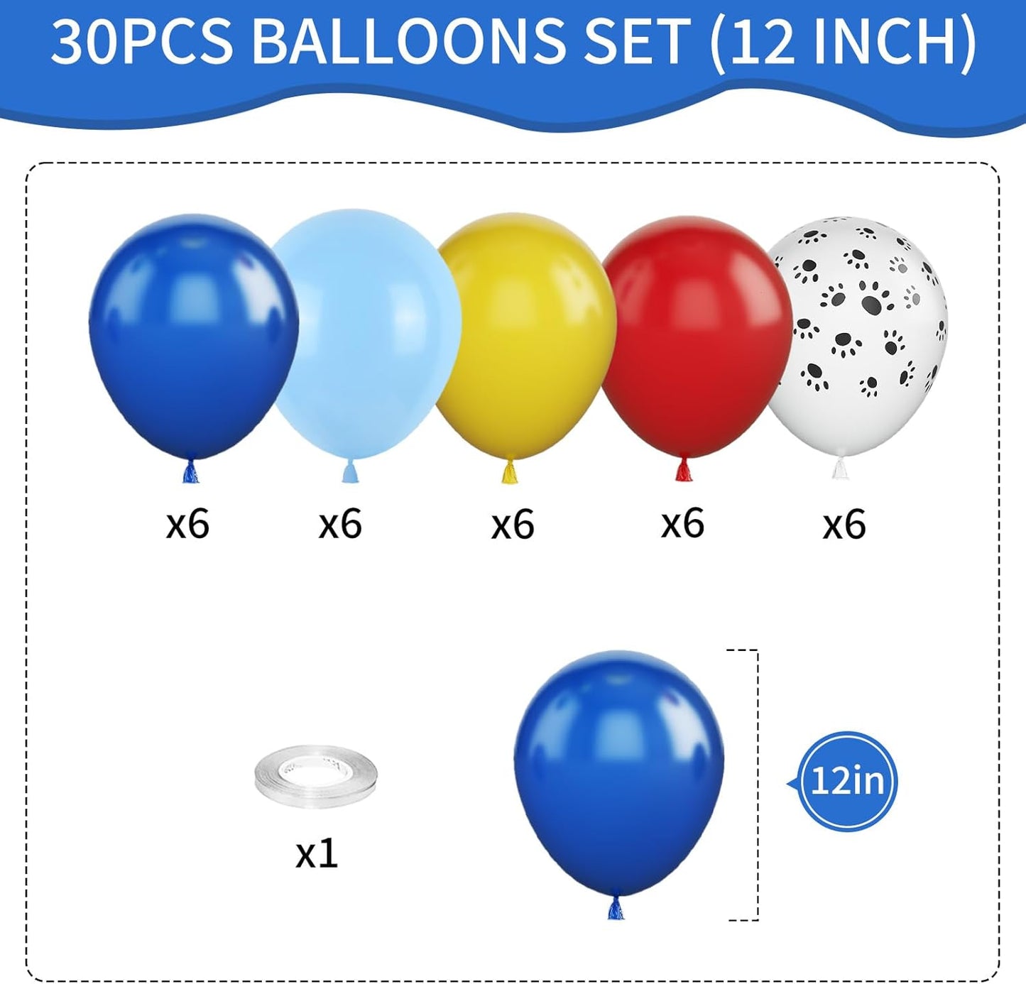 Dog Paw Balloons, 12 Inch Dog Paw Print Latex Balloons Red Yellow Blue Royal Blue Paw Balloon for Puppy Paw Themed Boy Birthday Party Decorations Supplies