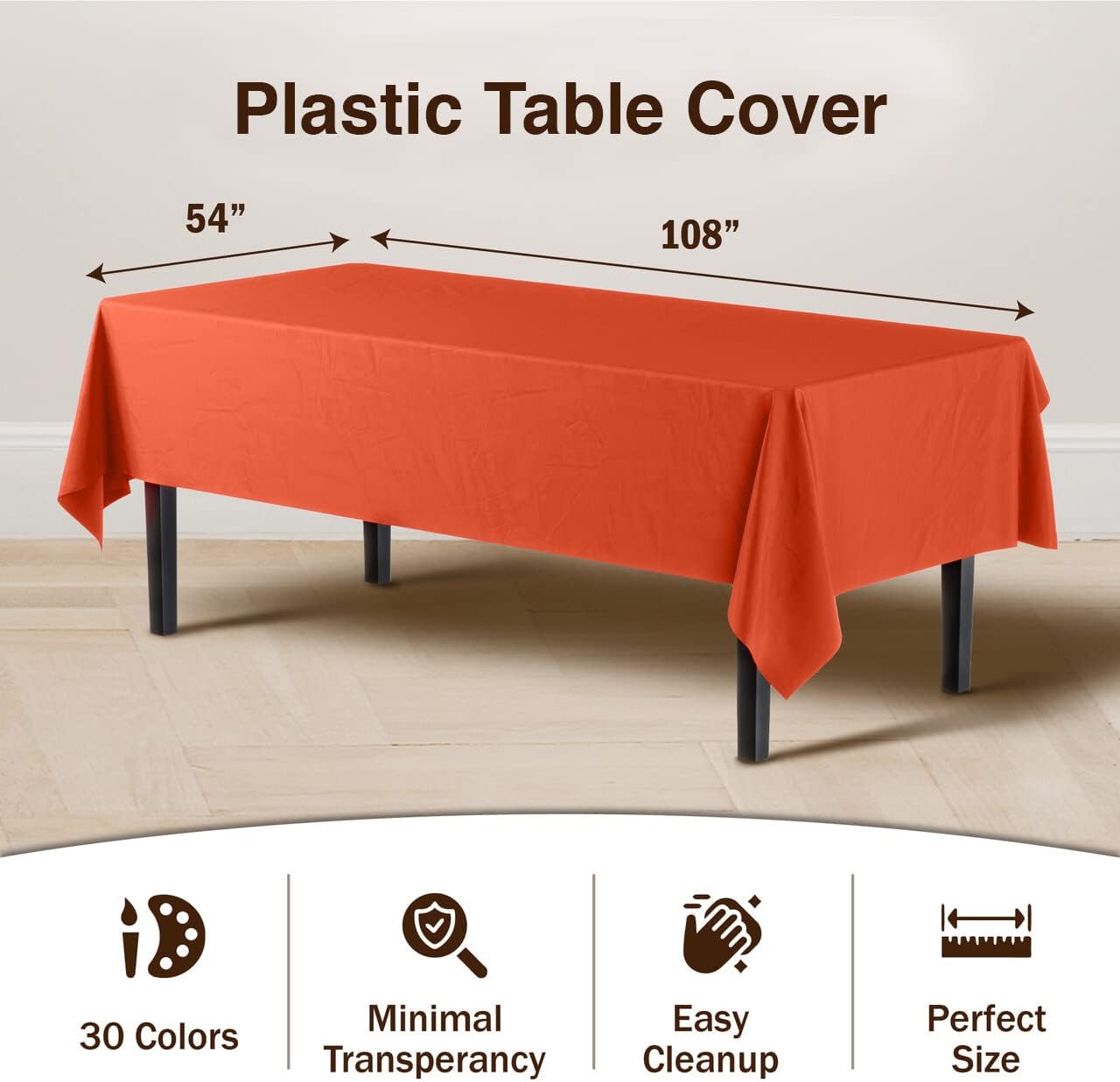 Exquisite 12-Pack Premium Plastic Tablecloth 54in. x 108in. Rectangle Table Cover - Orange