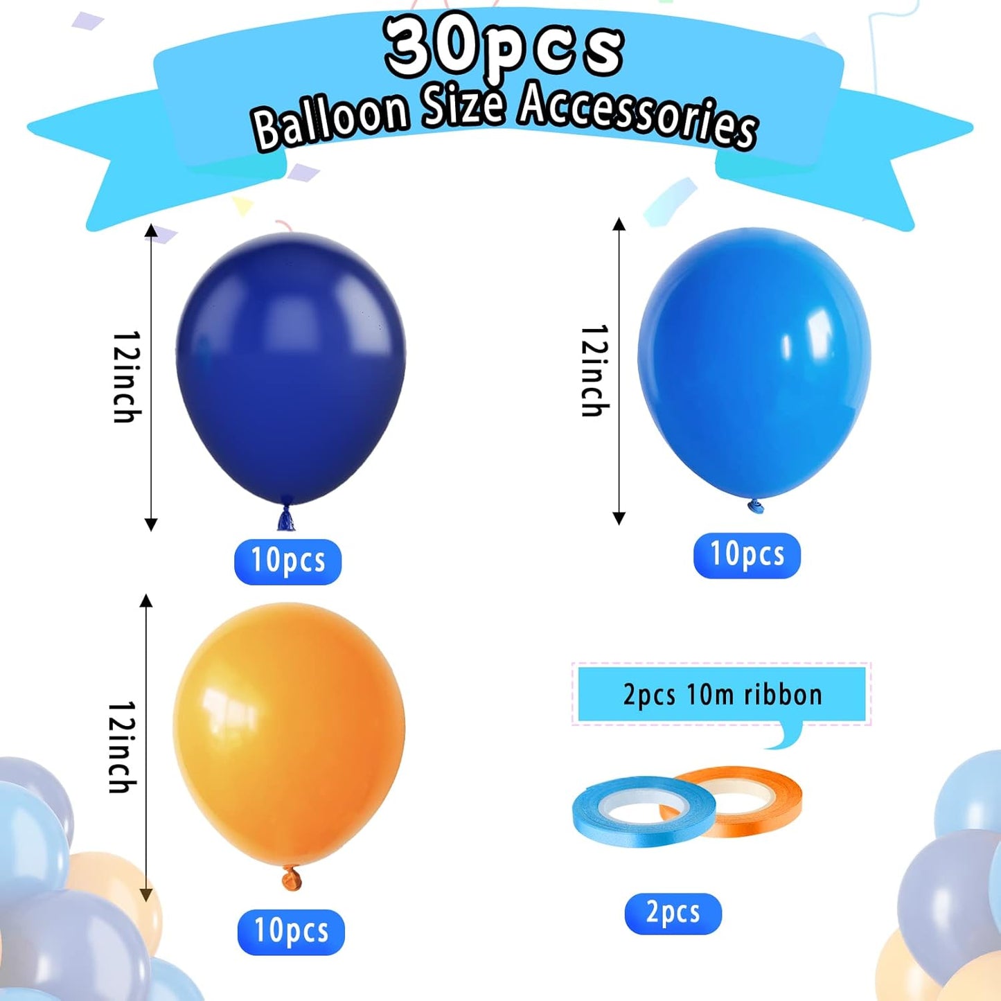 Paready Blue and Orange Balloons, 30 Pcs 12 Inch Orange Navy Blue Latex Balloons with Ribbons for Boys Birthday Baby Shower Company Events Wedding Bridal Shower Graduation Festival Decoration