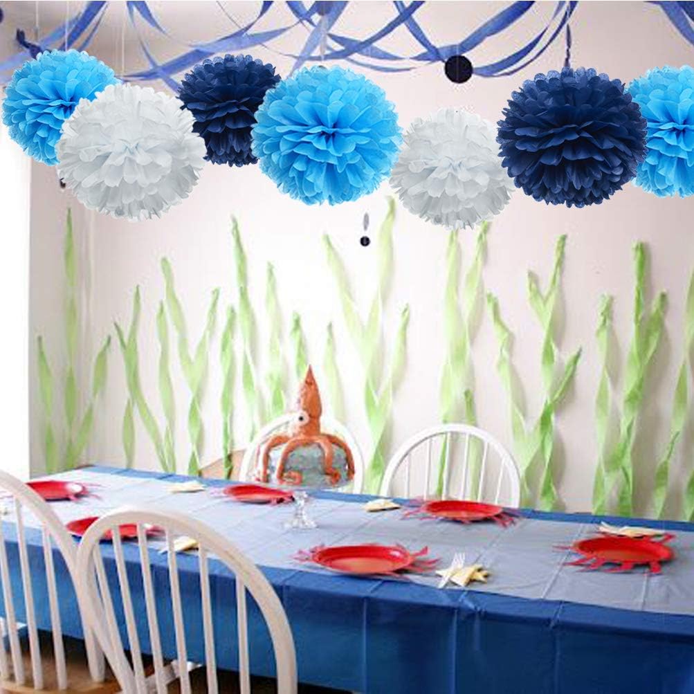 Paper Flower Tissue Pom Poms Party Supplies (navy blue,turqoise blue,white,12pc)