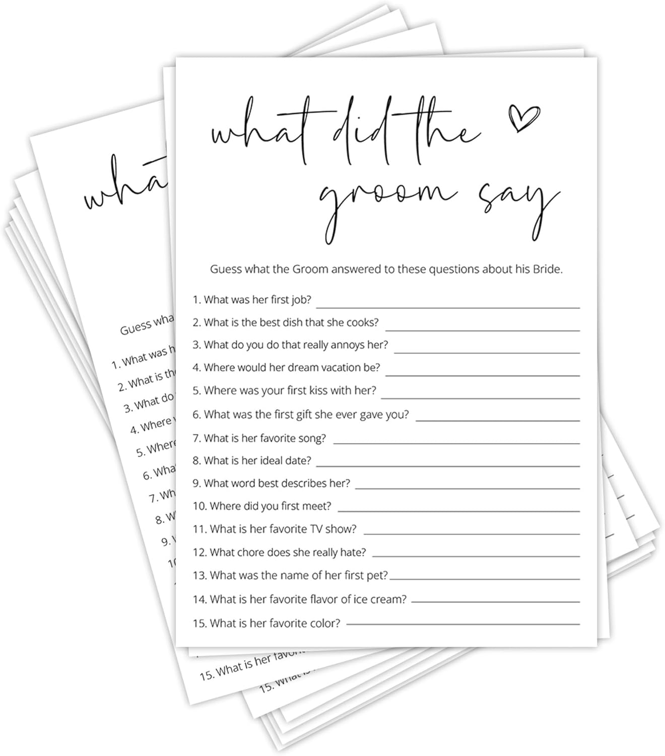 Bridal Shower Games, What Did The Groom Say, 25Pcs Minimalist White Double-Sided Bridal Game Cards, Wedding Shower Games for Guests, Engagement Bachelorette Party Supplies - A14