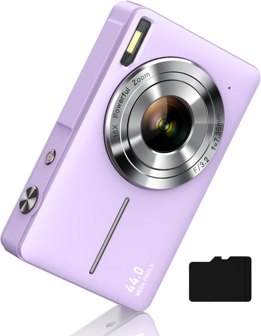 Digital Camera FHD 1080P, Camkory Kids Camera 44MP Point and Shoot Digital Cameras with 32GB Card, 16X Zoom, Two Batteries, Lanyard, Compact Small Camera Gift for Kids Boys Girls Students, Purple