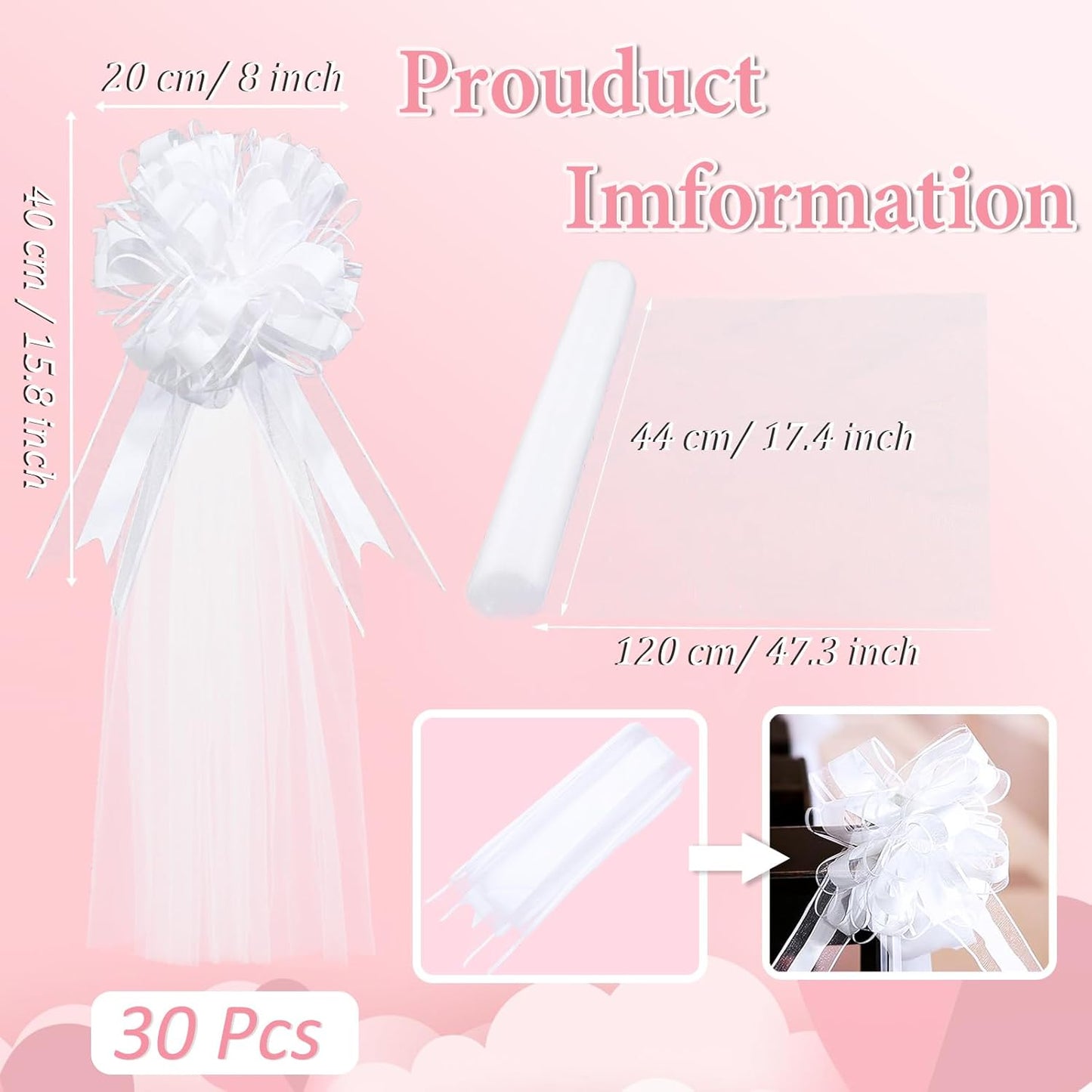 30 Set Wedding Pew Bows with Long Tulle Tails Wedding Aisle Decorations Church Chair Aisle Decoration Car Decoration Big Bows for Bridal Shower Reception Anniversary (White)