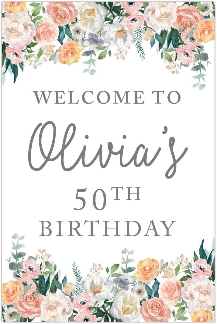 Andaz Press Personalized Extra Large Birthday Easel Board Party Sign, 12x18-inch, Peach Coral Floral Flowers Roses on White, Welcome to Olivia's 50th Birthday, 1-Pack, Custom Name Age