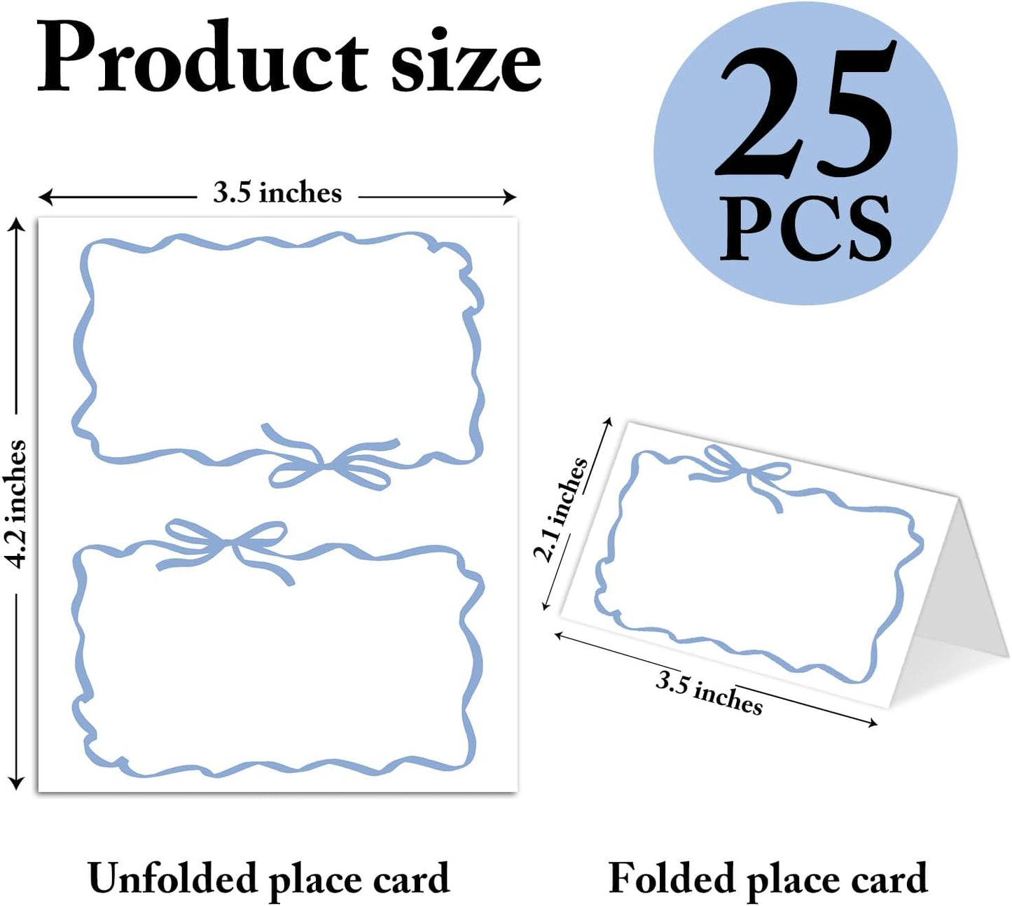 25 Pack Blue Bow Wave Place Cards, Editable Name Cards for Table Setting, Tent Cards Food Label for Dinner Party, Bridal Shower, Wedding, Baby Shower and Events -T15