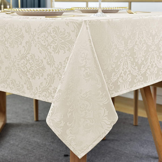 SASTYBALE Jacquard Tablecloth Rectangle 52 x 70 Inch Beige, Spill Proof Wrinkle Free Damask Table Cloth, Washable Polyester Table Cover for Dining Room, Party, Indoor, Outdoor (Off White, Oblong)
