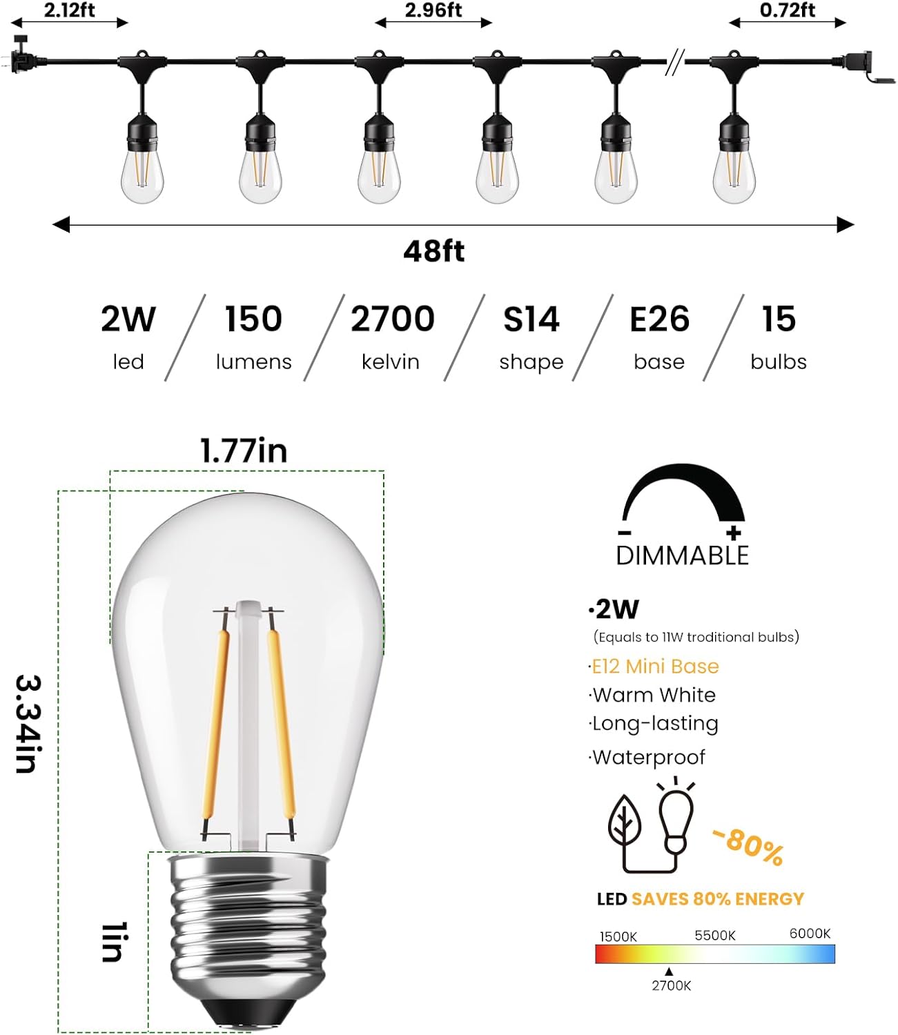 Svater 144 FT Outdoor String Lights 2W, Patio Light for Outside with 48 Antique S14 Plastic LED Bulbs, IP65 Waterproof Hanging Cafe Market Lighting, ETL-Listed Dimmable Warm White (48 FT x 3)