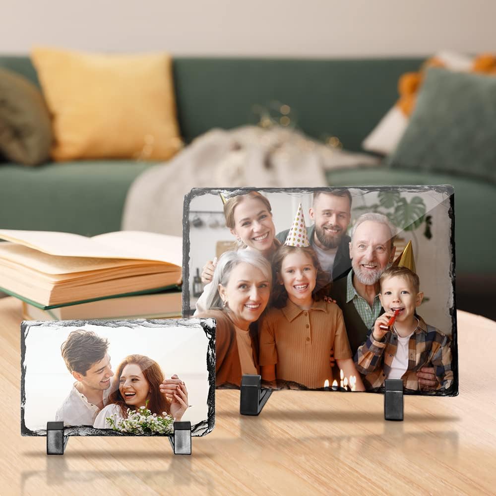 PYD Life 12 Pack Sublimation Photo Slates Rock Blanks 3.5 x 5.5 Inch Bulk Stone Frame White with Display Holder for Heat Transfer Printing