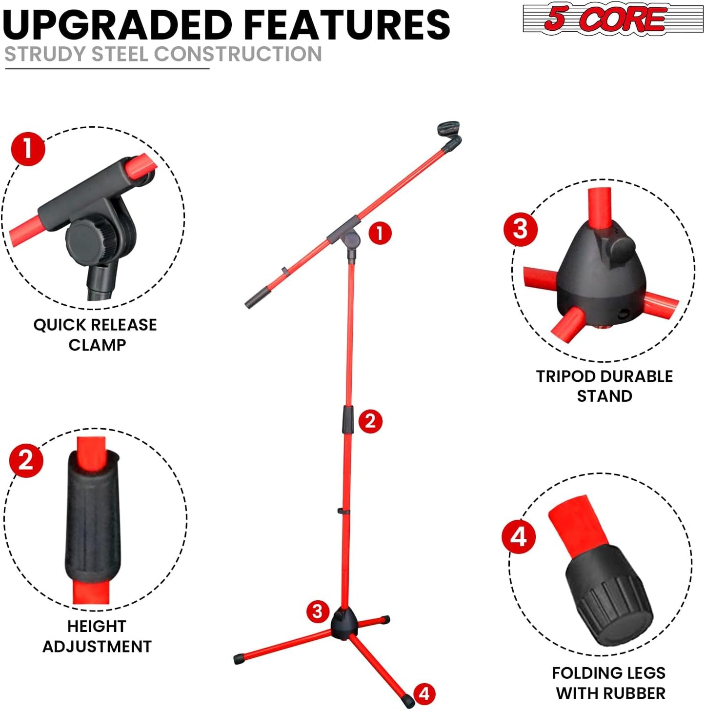 5 Core Tripod Mic Stand Floor Adjustable 18 to 72 Inches Sturdy Boom Arm Holder Microphone Stands Pedestal Para Microfono for Singing - MS 080 RED