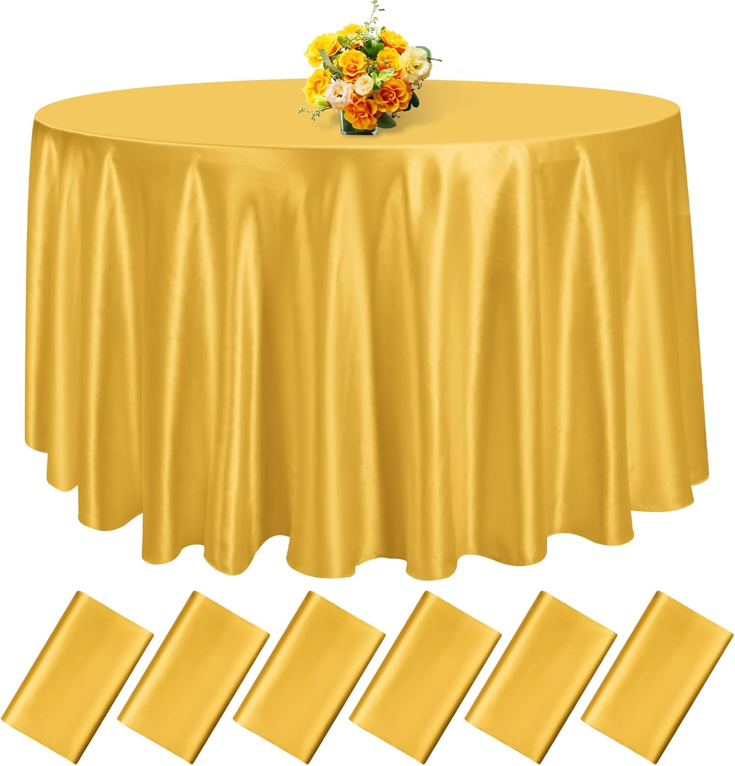 6 Pack 108 Inch Gold Satin Tablecloth - Premium Bright Silky Round Tablecloth Overlay Smooth Fabric Table Cover, Table Decoration for Wedding Party Banquet Events Restaurant Kitchen Dining