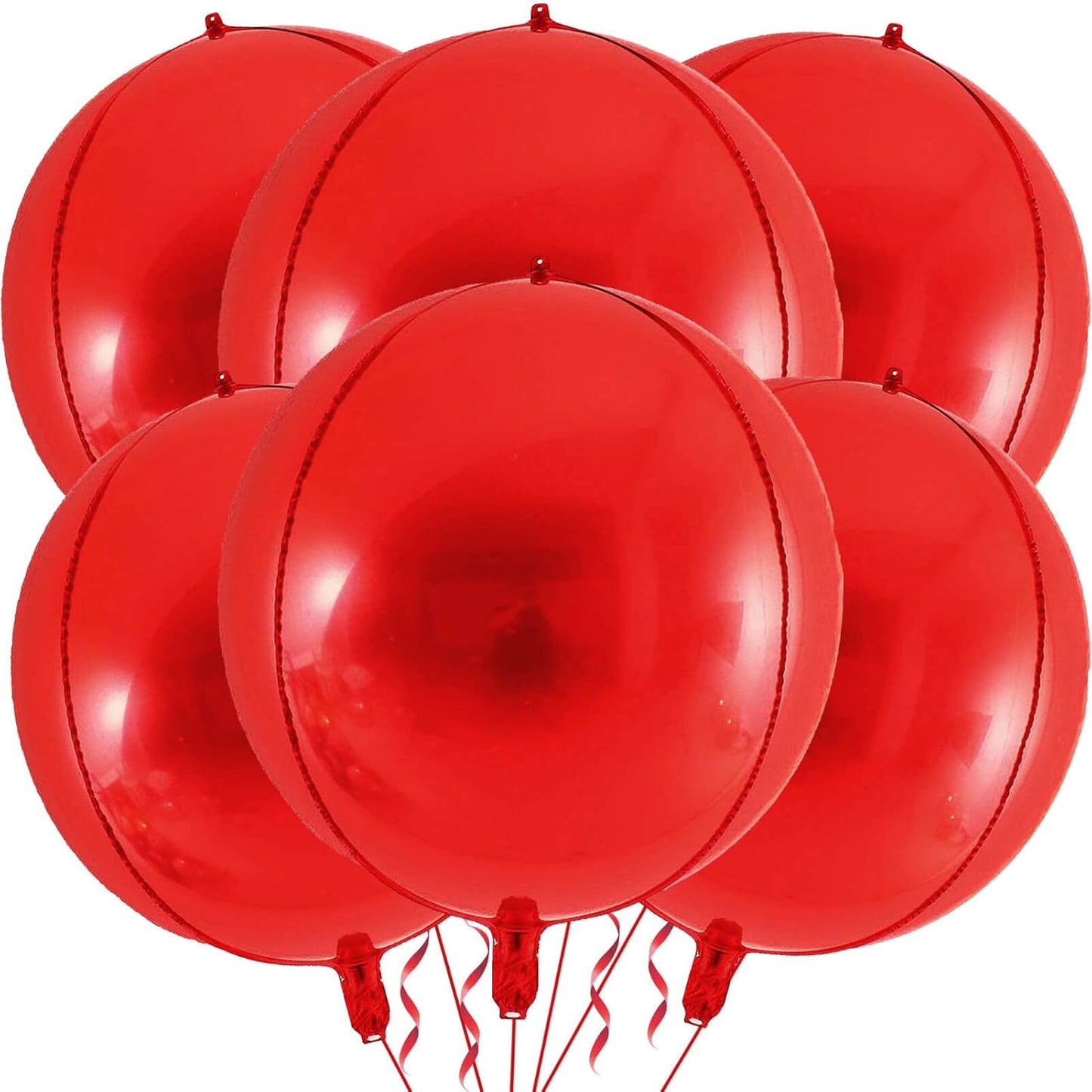 LHOAVWE 6 Pack 22 Inch 4D Red Balloons: 6 Pcs Round Foil Balloons (Uninflated) + Straw + 32 Foot Ribbon Roll - Red, Perfect for Birthday Parties