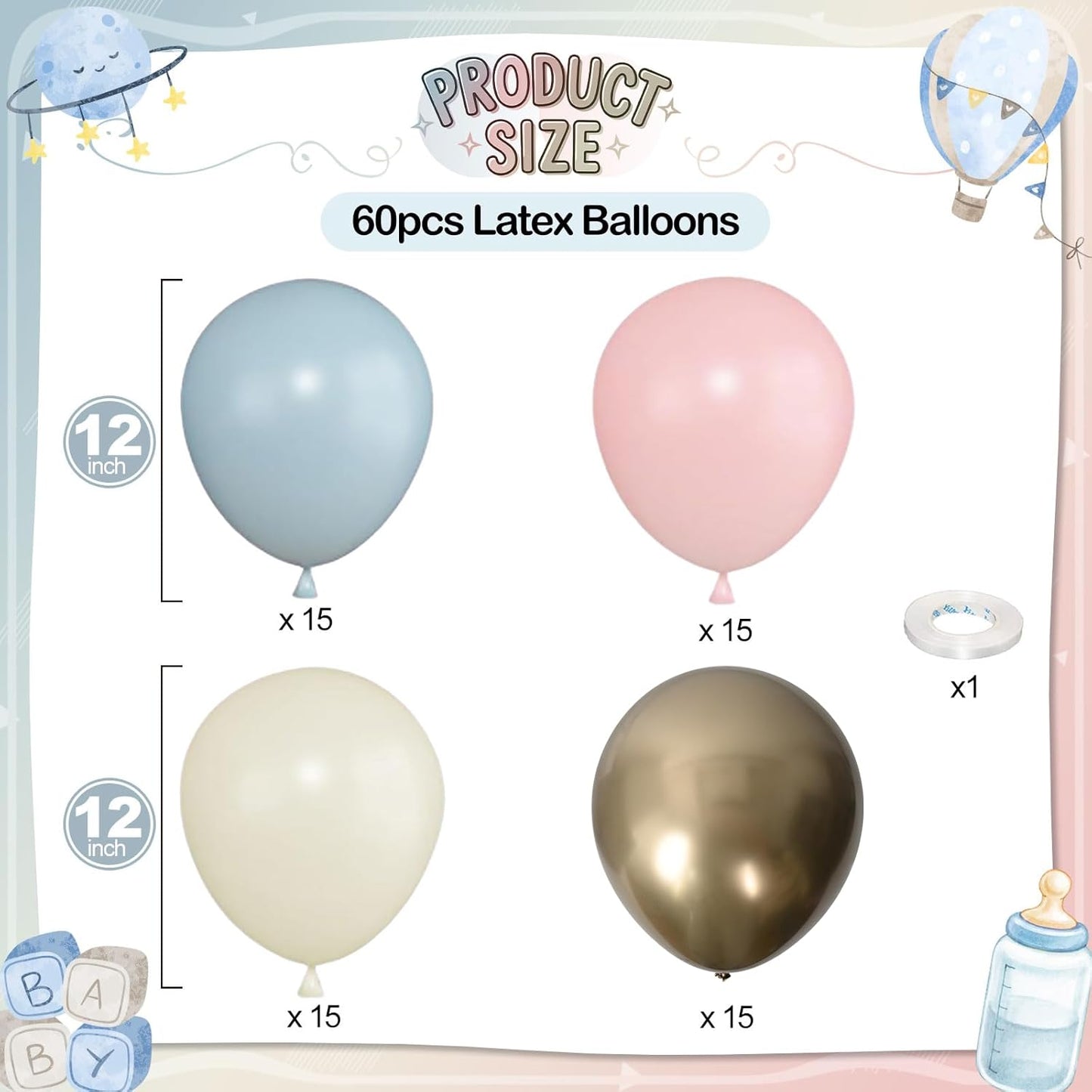 Gender Reveal Balloons, 60 Pcs 12 Inch Dusty Blue Pink Balloons, Chrome Gold Sand White Balloon for Boho Gender Reveal Engagement Bachelorette Birthday Baby Shower Bridal Bear Theme Party Decorations