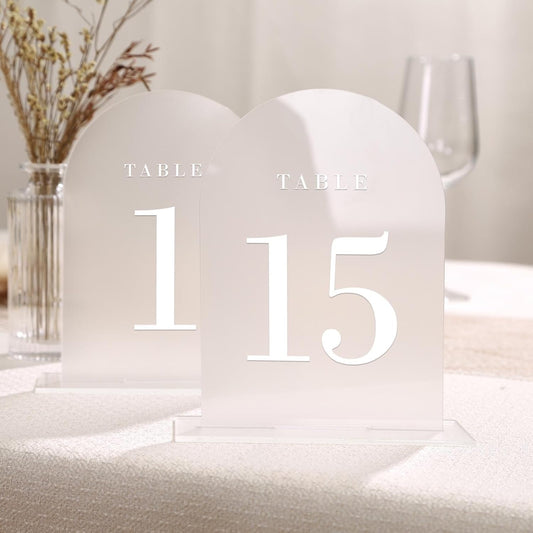 UNIQOOO Frosted Arch Wedding Table Numbers with Stands 1-15, 5x7" Acrylic Display Signs and Holders, Pack of 15, Perfect for Centerpiece, Reception, Decoration, Party, Anniversary, Event
