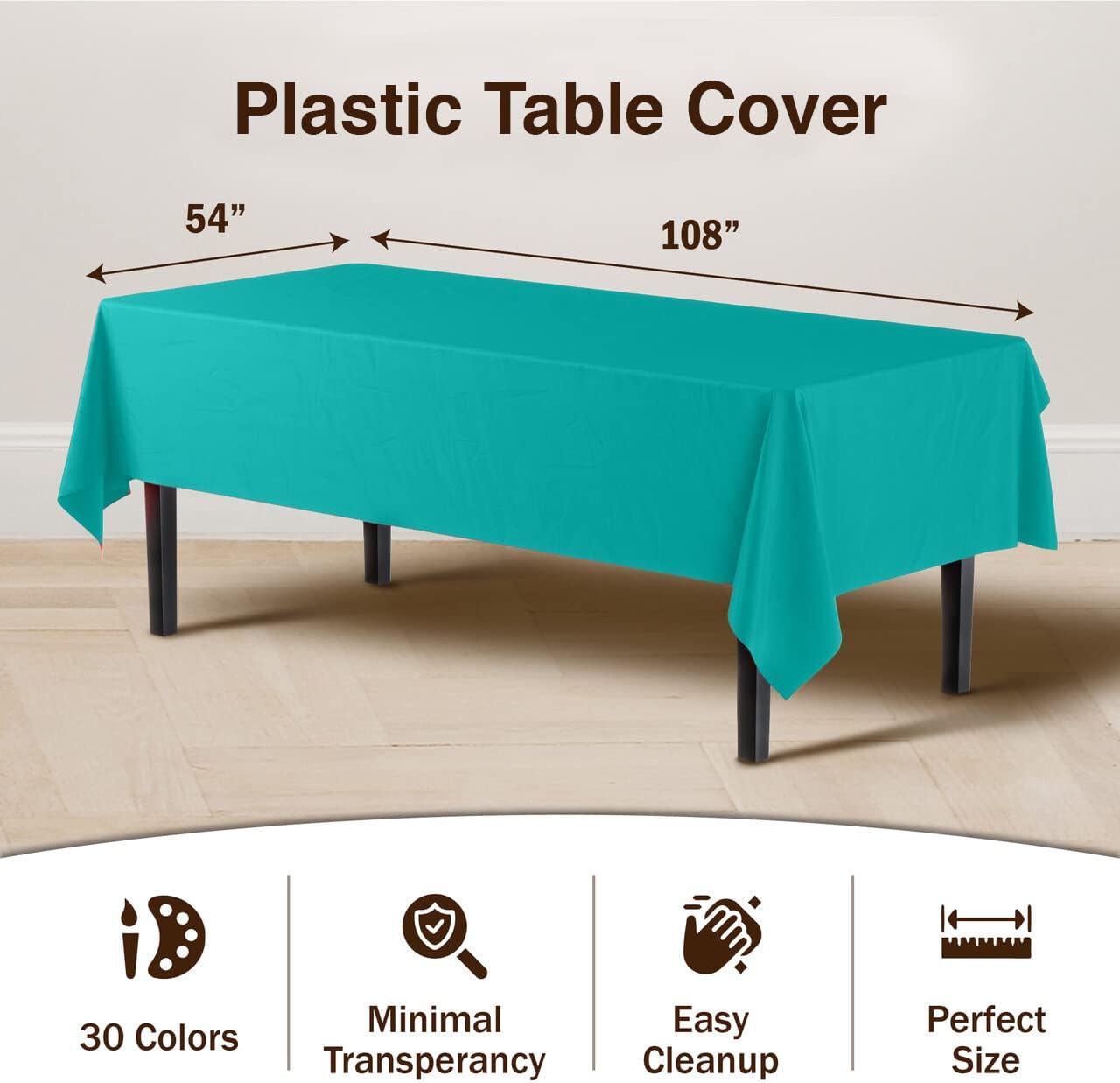 Party Solids Pack Of 12 Premium Plastic Tablecloth 54 Inch x 108 Inch Rectangle Table Cover - Teal