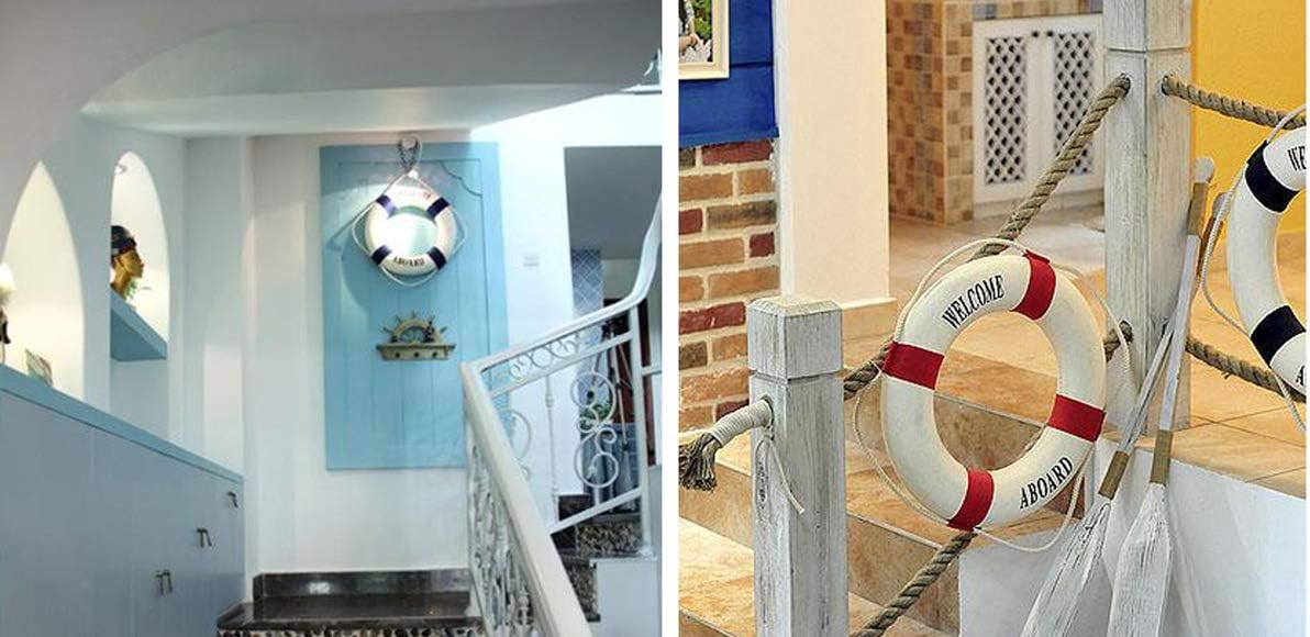 MorroMorn Lifebuoy Wall Hanging Decor - Welcome Aboard Mediterranean Style Home Decoration Hemp Rope (Blue, 10")