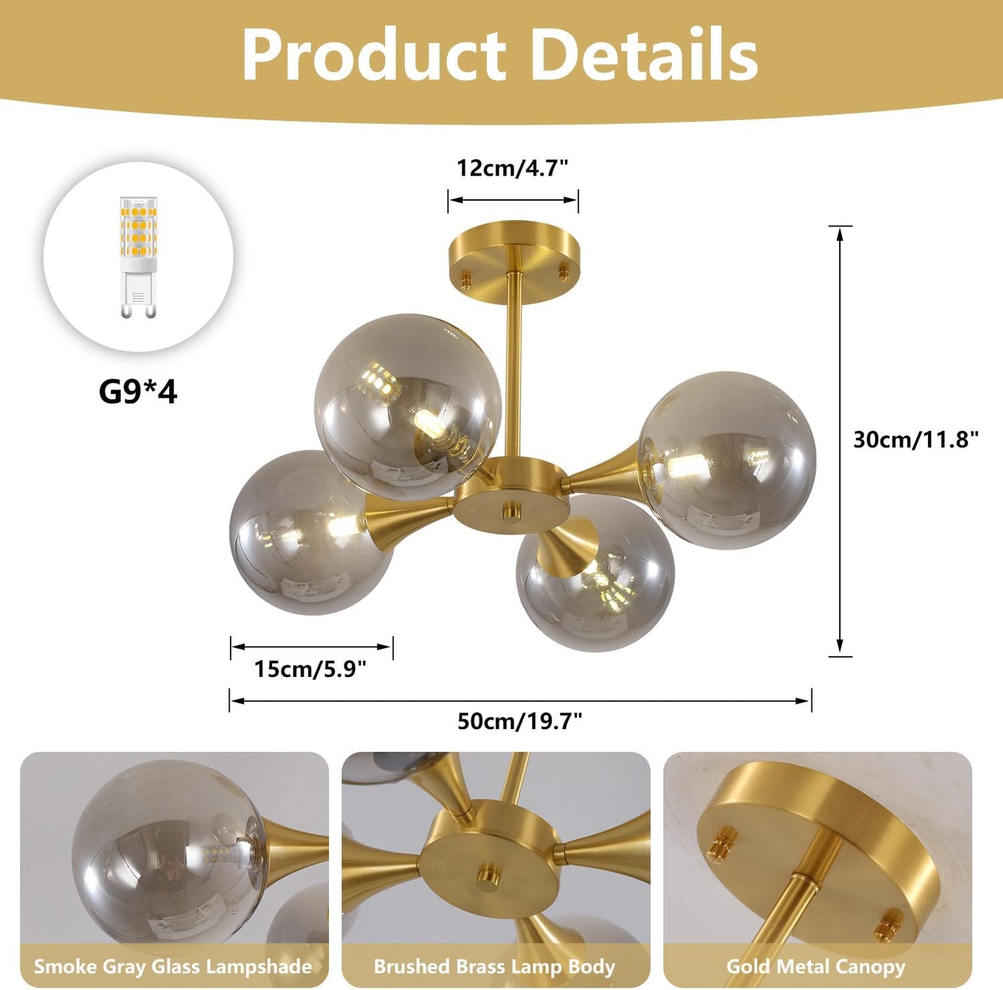 KCO Lighting 4-Lights Modern Gold Globe Semi Flush Mount Ceiling Light Mid Century Brushed Brass Schoolhouse Close to Ceiling Light Smoke Gray Glass Chandelier Lighting for Bedroom