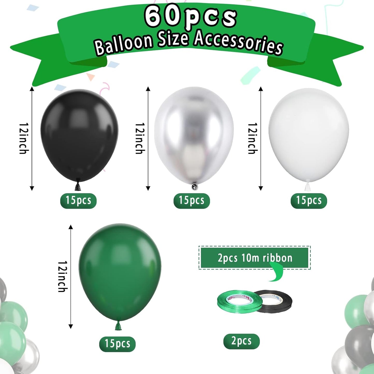 Paready Green Black Balloons, 60 Pcs 12 Inch Dark Green Metallic Silver Balloons, Black Green White Party Latex Balloons for Video Game, Football Party, Baby Shower, Birthday, Graduation Decoration