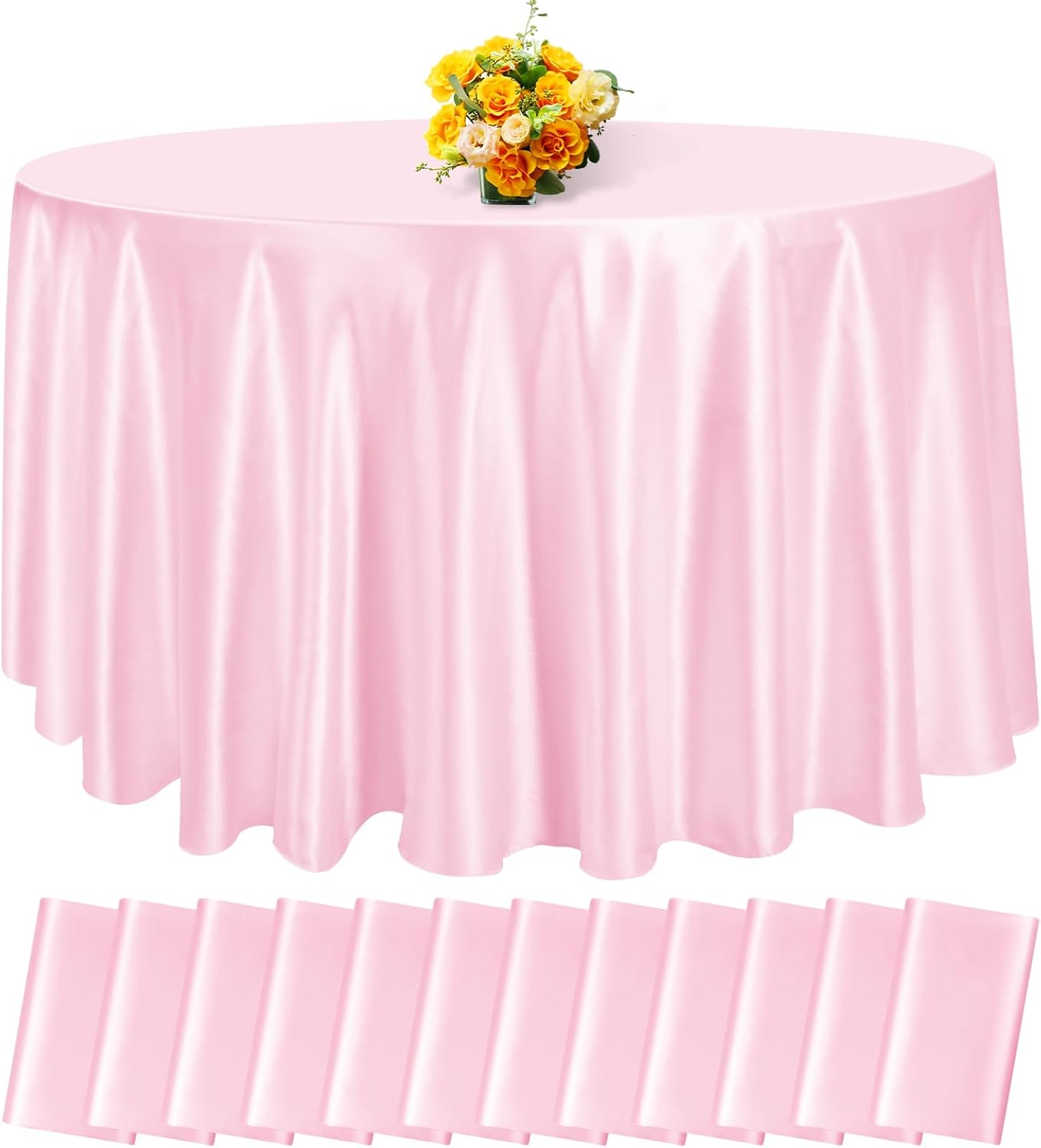 fani 12 Pack 120 Inch Light Pink Satin Tablecloth - Silky Round Tablecloth Overlay Smooth Fabric Table Cover, Bright Table Decoration for Wedding Party Banquet Events Restaurant Kitchen Dining