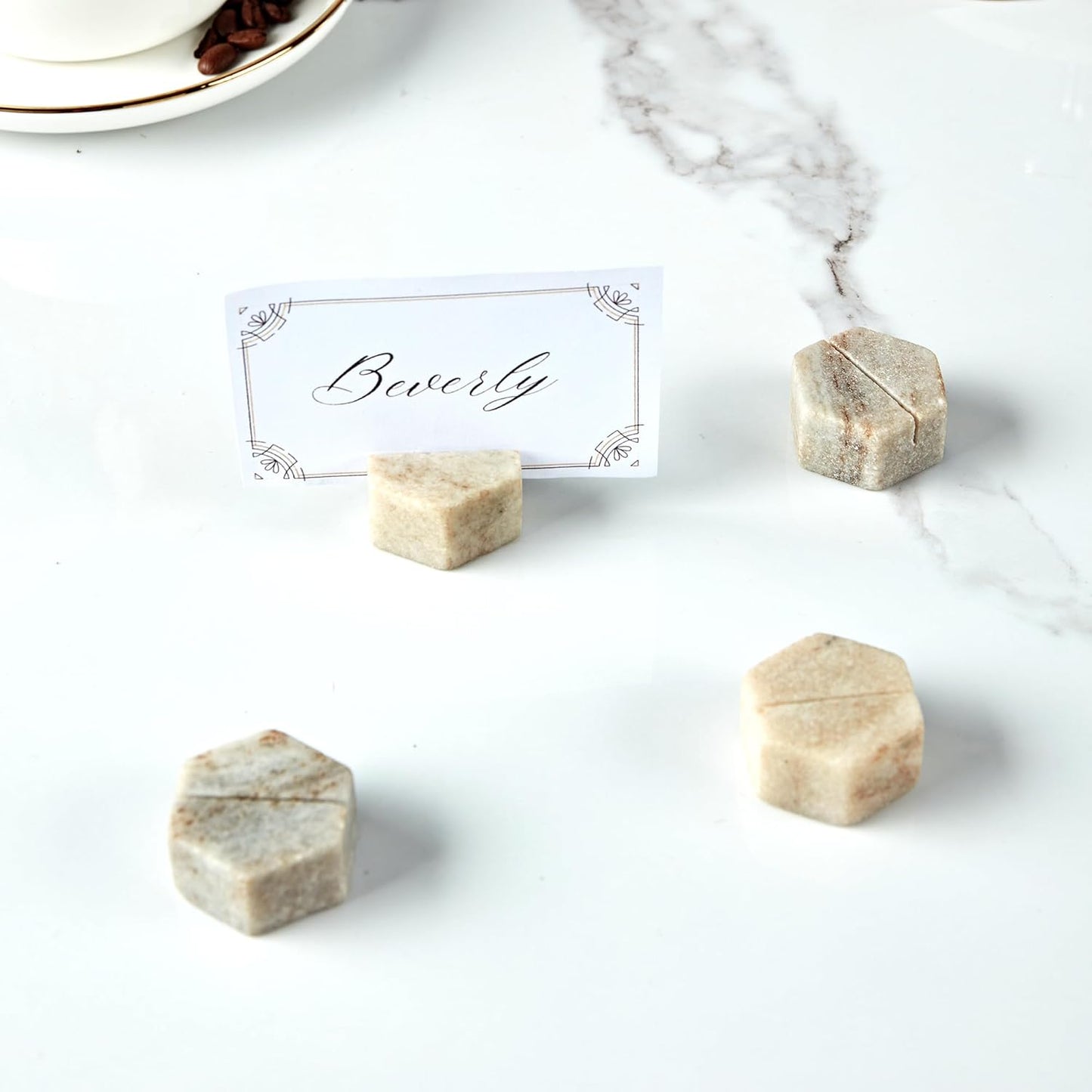 Marble Hexagon Place Card Holders, Unique Design Handmade Photo Display, Set of 4 Uniquely Textured Card Stands, Perfect for Table Decoration, Dinner Party and Wedding