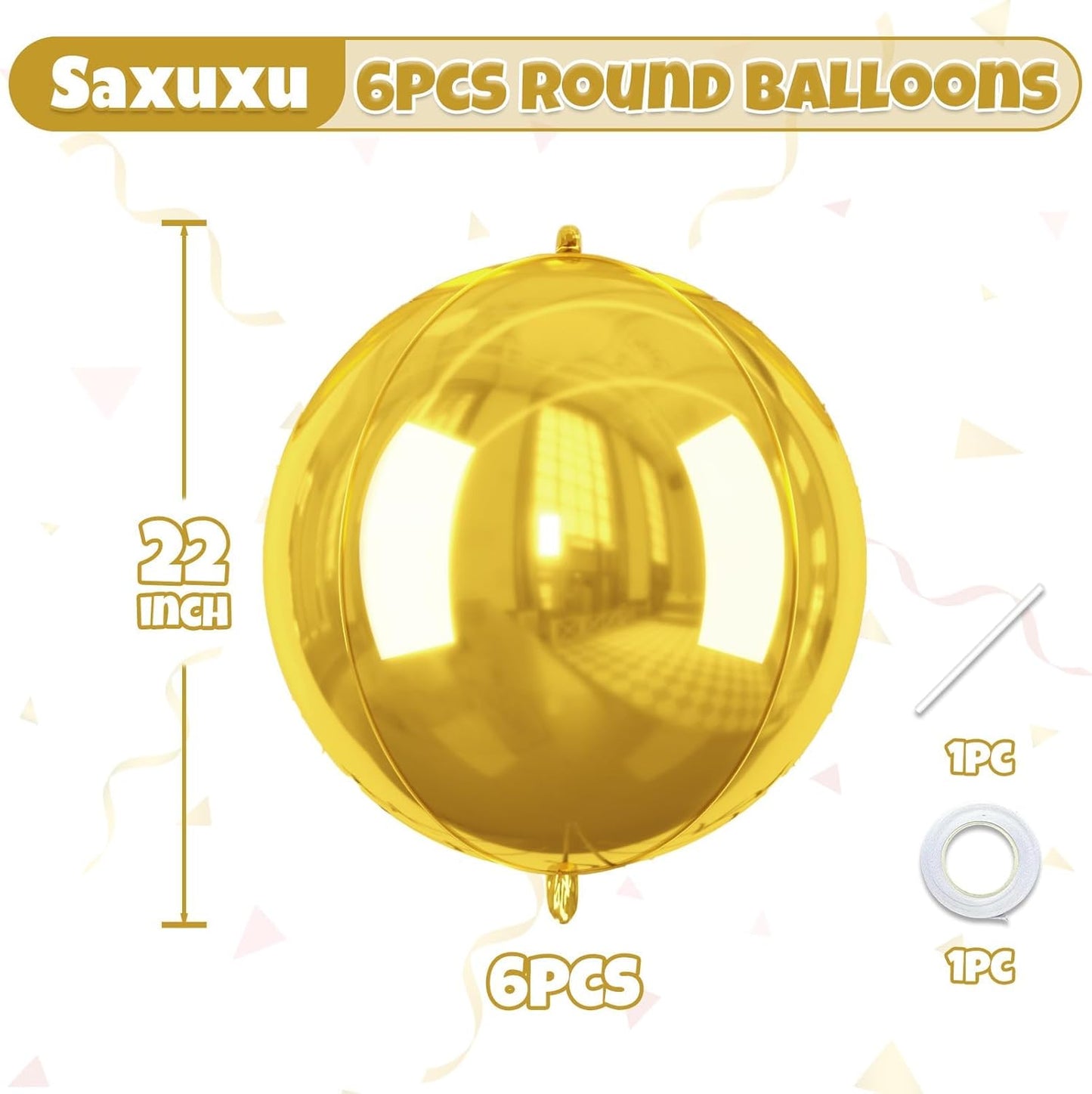 Gold Giant 4D Foil Balloons, Saxuxu 6Pcs Large Metallic Gold Round Balloons, 22 Inch Big Round Foil Balloon for Gold Birthday Party Baby Shower Wedding Decorations