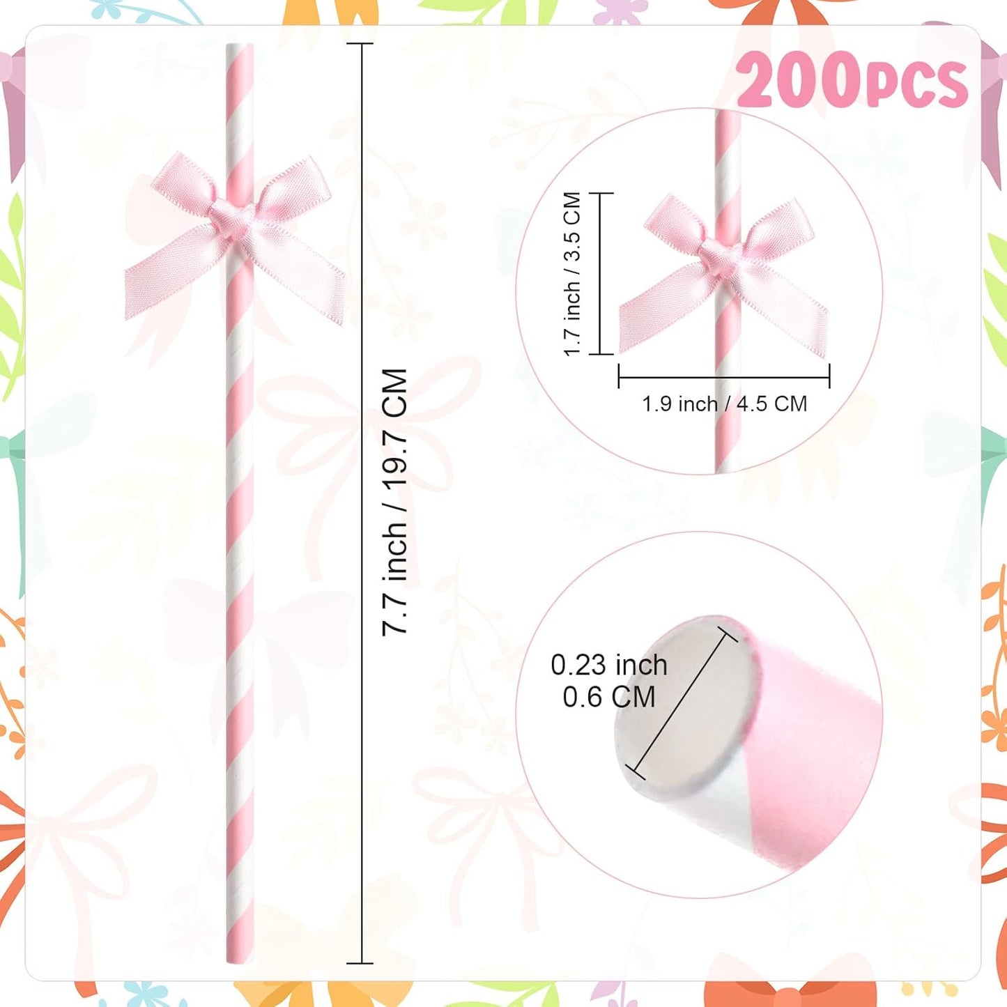 200 Pcs Pink Paper Straws for Drinking, Bow Disposable Striped Paper Straws Bulk Pink Theme Birthday Party Supplies for Wedding Cake Decorations Bachelorette Baby Shower
