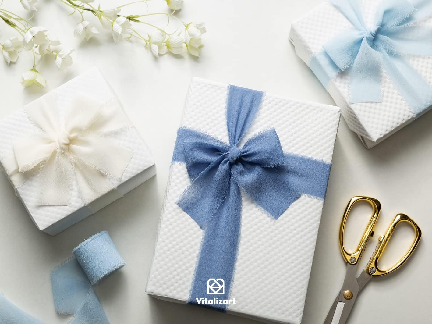 Vitalizart Blue Handmade Chiffon Silk Ribbon Fringe 1.5" x 21 Yd Dusty & Baby Blue Frayed Edges Ribbons for Wedding Invitations Bridal Bouquets Gifts Wrapping Crafts Holiday Party Decorations