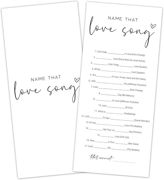 Bridal Shower Games, Name that Love Song, 25Pcs 4x9inch Minimalist White Double-Sided Bridal Game Cards with 1 Answer Key, Wedding Shower Games for Guests, Engagement Bachelorette Party Supplies - A06