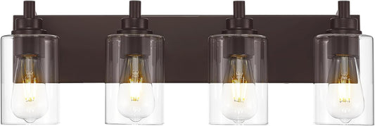 4-Light Bathroom Light Fixtures, 24.5 Inch Oil Rubbed Bronze Vanity Lights with Cylinder Clear Glass Shade, Modern Vanity Lighting Fixtures Over Mirror, VL143-ORB-4